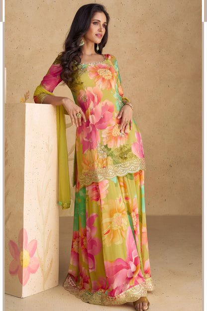 Multicolor Green Chinon Silk Flower Printed Plazo Suit for Indian Partywear & Weddings - Print Work, Embroidery Work