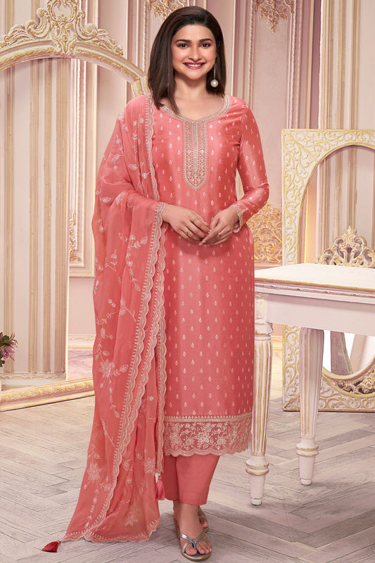 Peach Georgette Silk Kameez with Pant For Indian Suit Festivals & Pakistani Weddings - Embroidery Work