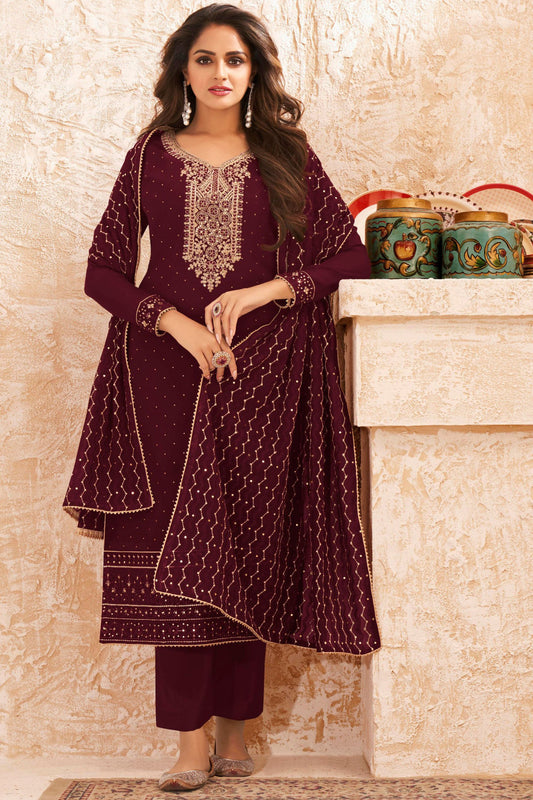 Maroon Georgette Kameez with Pant For Indian Suit Festivals & Weddings - Embroidery Work