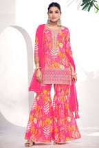 Dark Pink Chinon Silk Sharara Suits Dress for Indian Festival & Pakistani Wedding - Thread & Sequence Embroidery Work, Zari Work, Stone & Mirror Work, Print Work