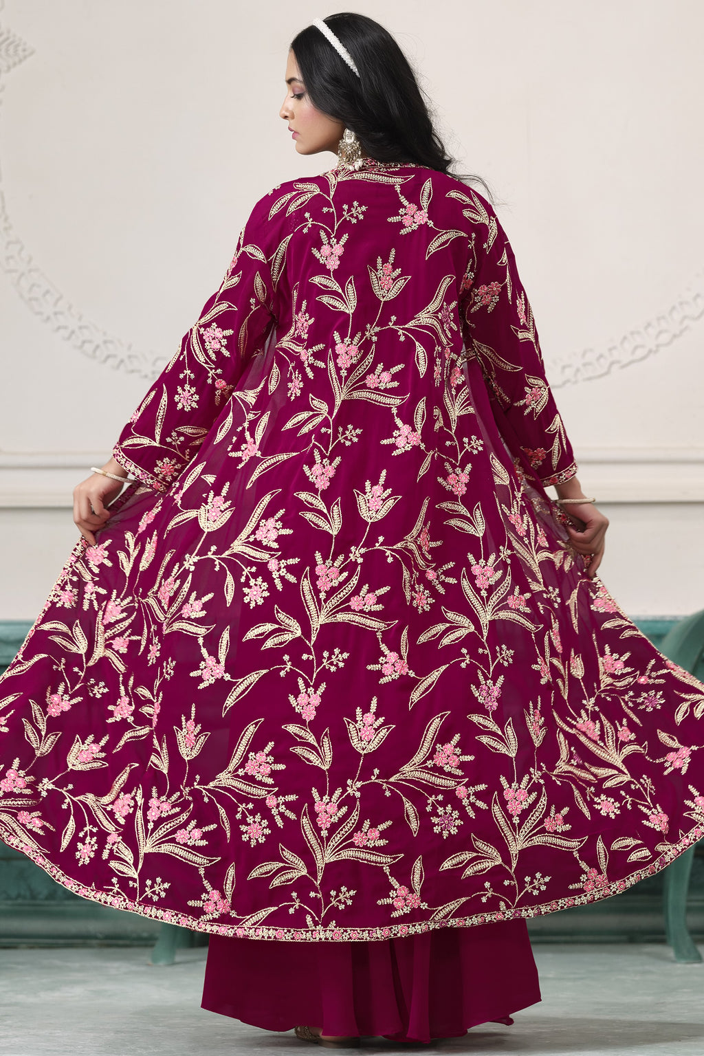 Red Maroon Georgette Palazzo with Choli & Jacket For Wedding & Indian Festival - Embroidery Work