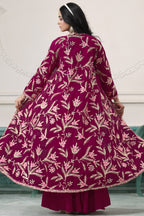 Red Maroon Georgette Palazzo with Choli & Jacket For Wedding & Indian Festival - Embroidery Work