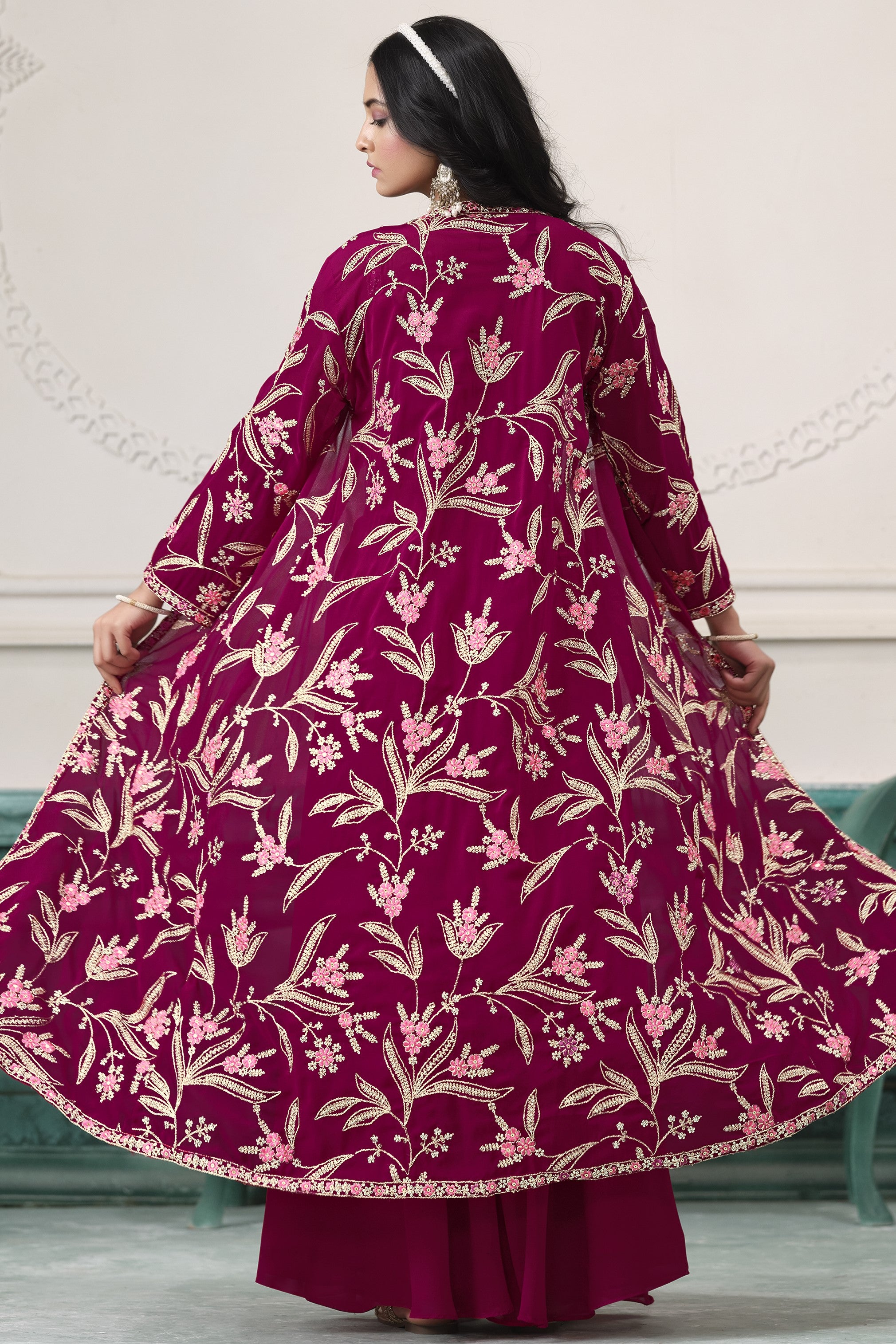 Red Maroon Georgette Palazzo with Choli & Jacket For Wedding & Indian Festival - Embroidery Work