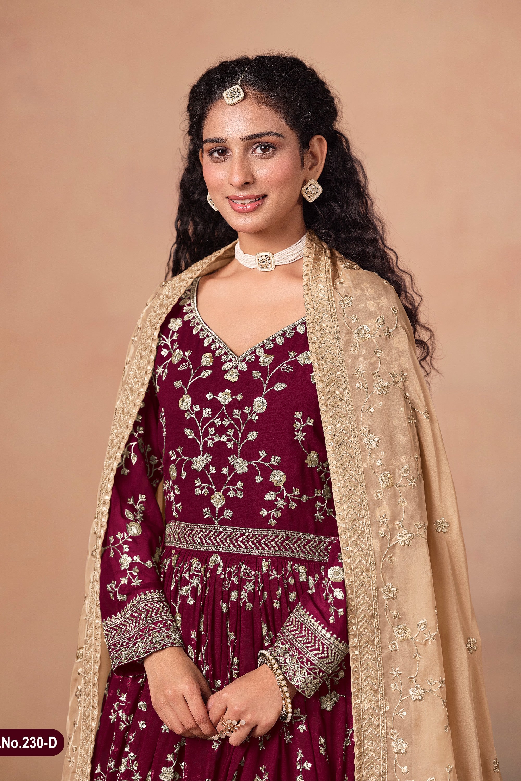 Maroon Georgette Anarkali Suit For Indian & Pakistani Wedding Festival - Thread & Sequins Embroidery Work