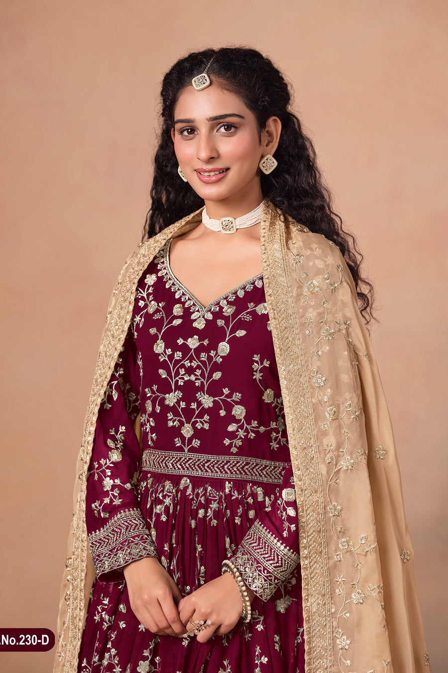 Maroon Georgette Anarkali Suit For Indian & Pakistani Wedding Festival - Thread & Sequins Embroidery Work