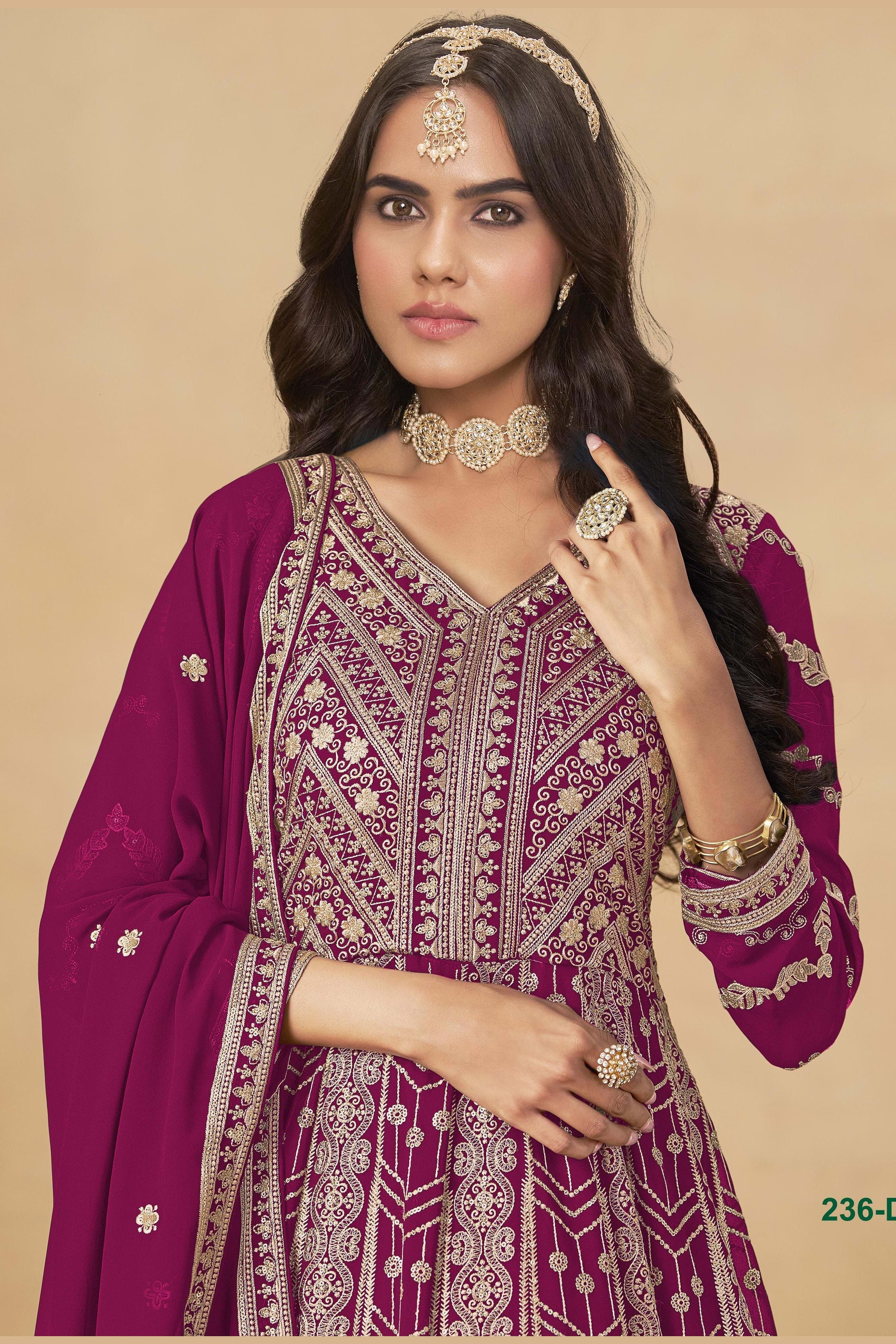 Magenta Georgette Anarkali Suit For Indian & Pakistani Wedding Festival - Thread & Sequins Embroidery Work