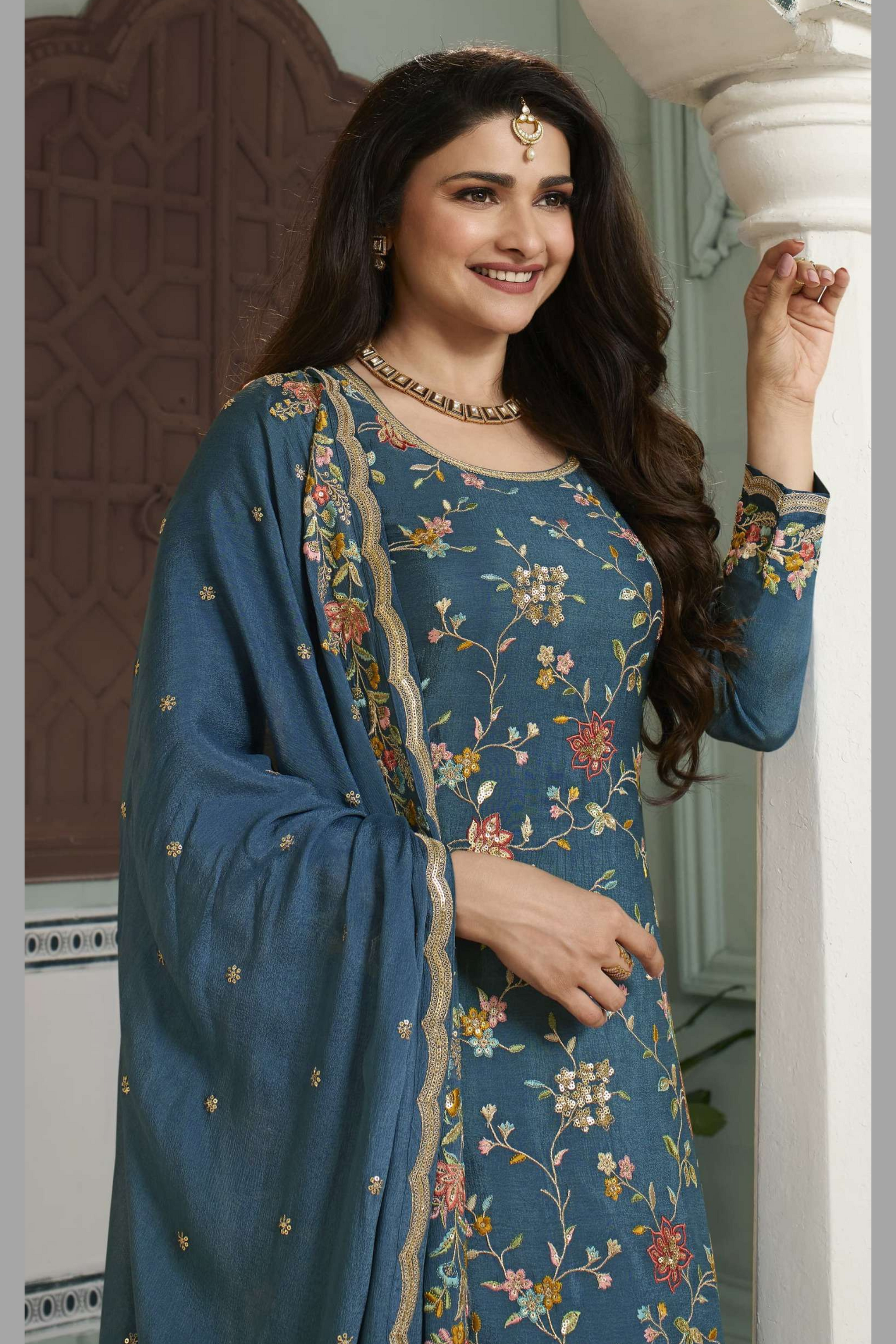 Blue Chinon Silk Floral Plazo Suit For Indian Festivals & Pakistani Weddings Dress - Embroidery Work