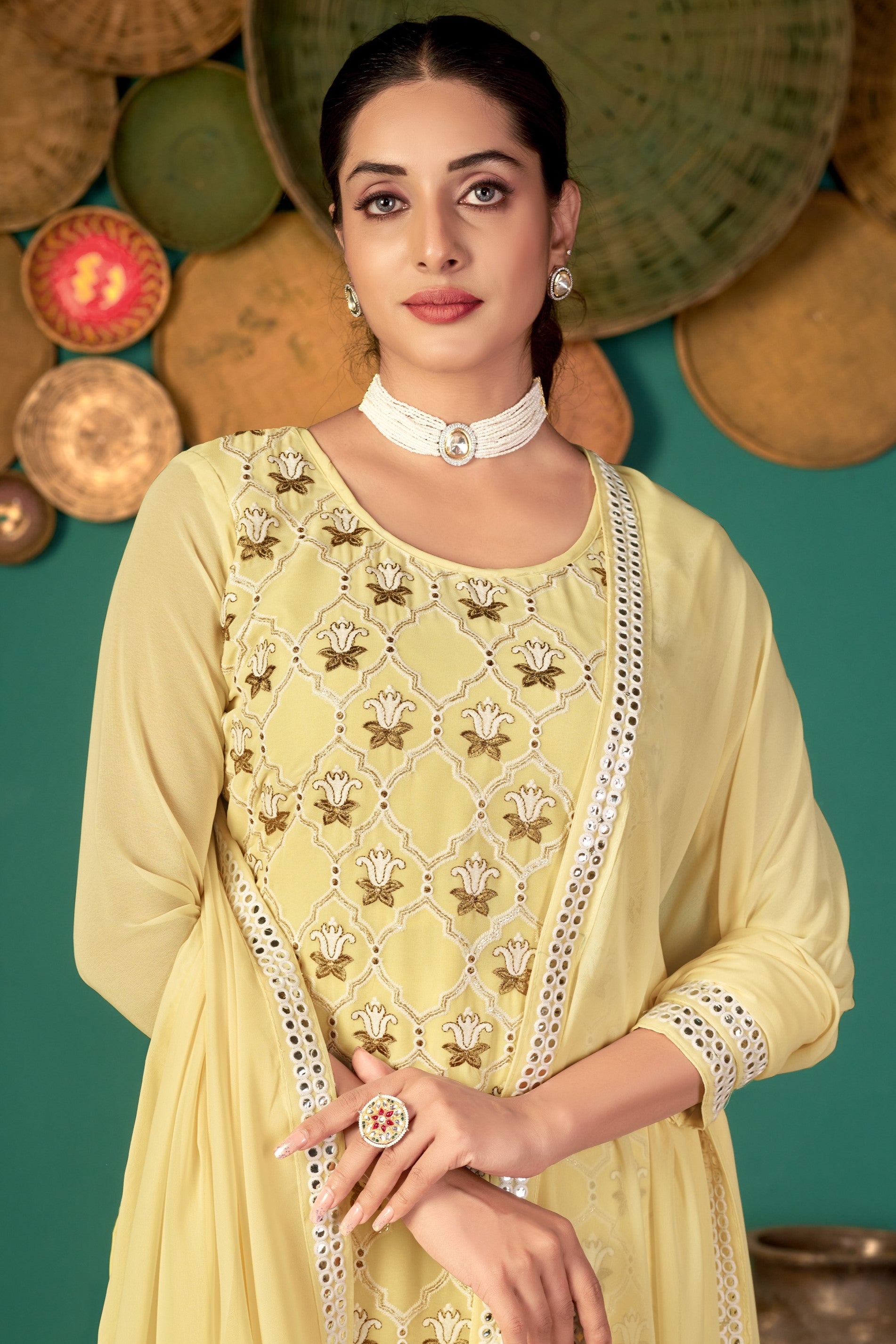 Light Yellow Georgette Kameez with Pant For Ladies Indian Festivals & Weddings - Embroidery Work