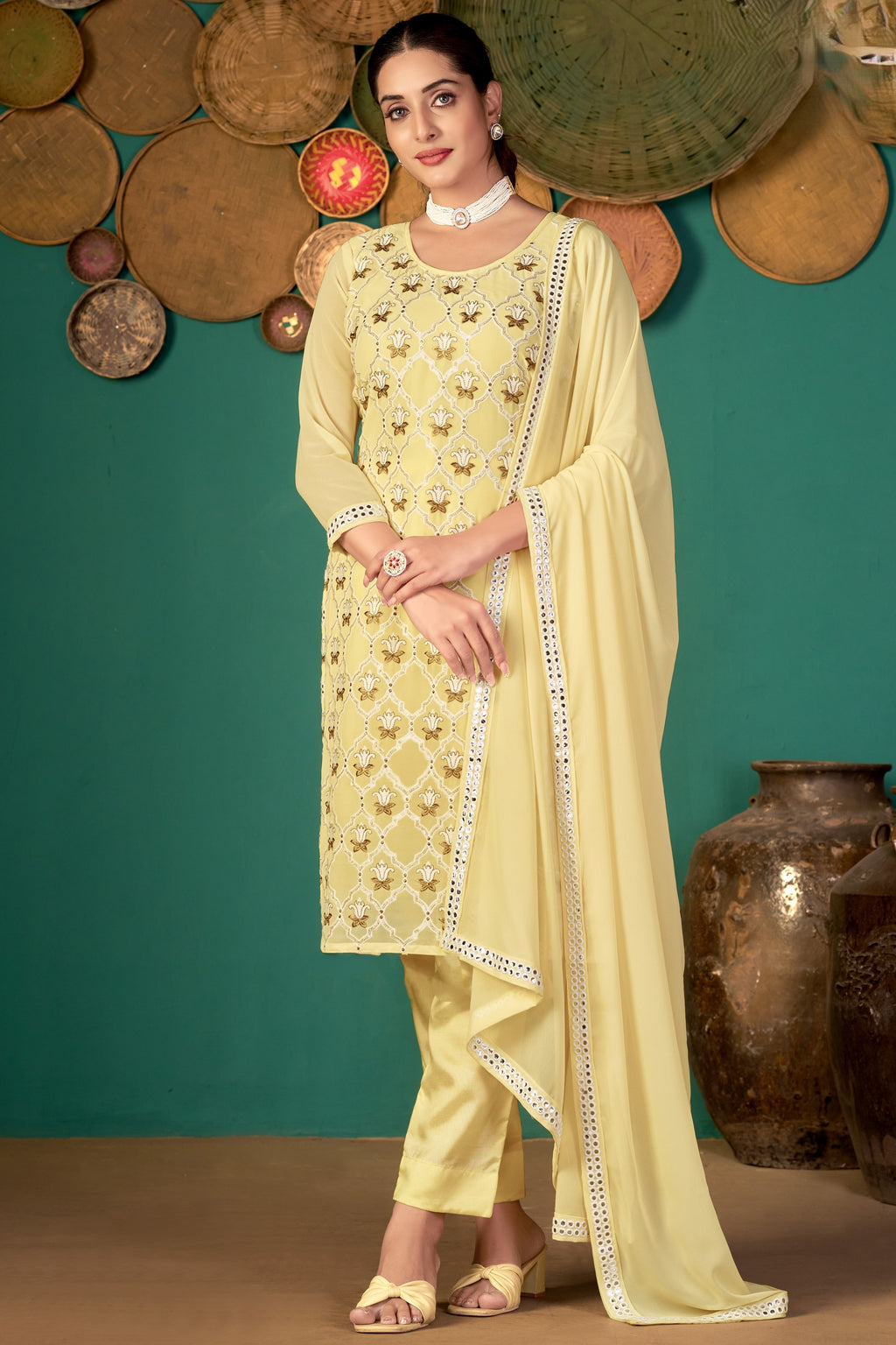 Light Yellow Georgette Kameez with Pant For Ladies Indian Festivals & Weddings - Embroidery Work