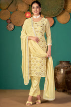 Light Yellow Georgette Kameez with Pant For Ladies Indian Festivals & Weddings - Embroidery Work