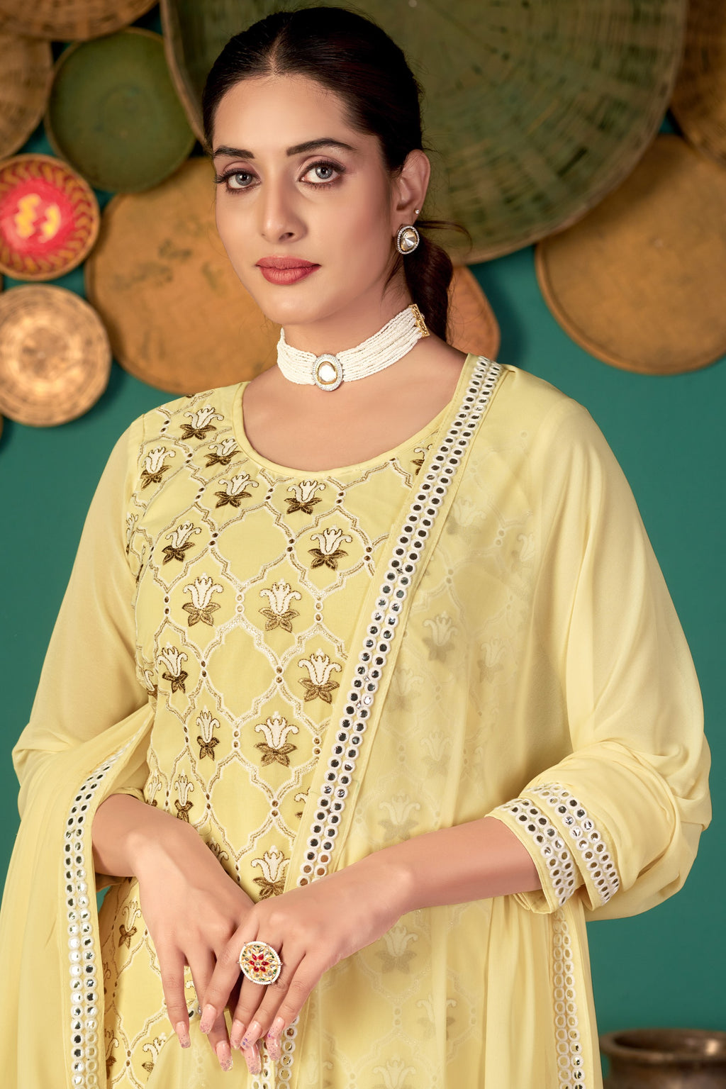 Light Yellow Georgette Kameez with Pant For Ladies Indian Festivals & Weddings - Embroidery Work