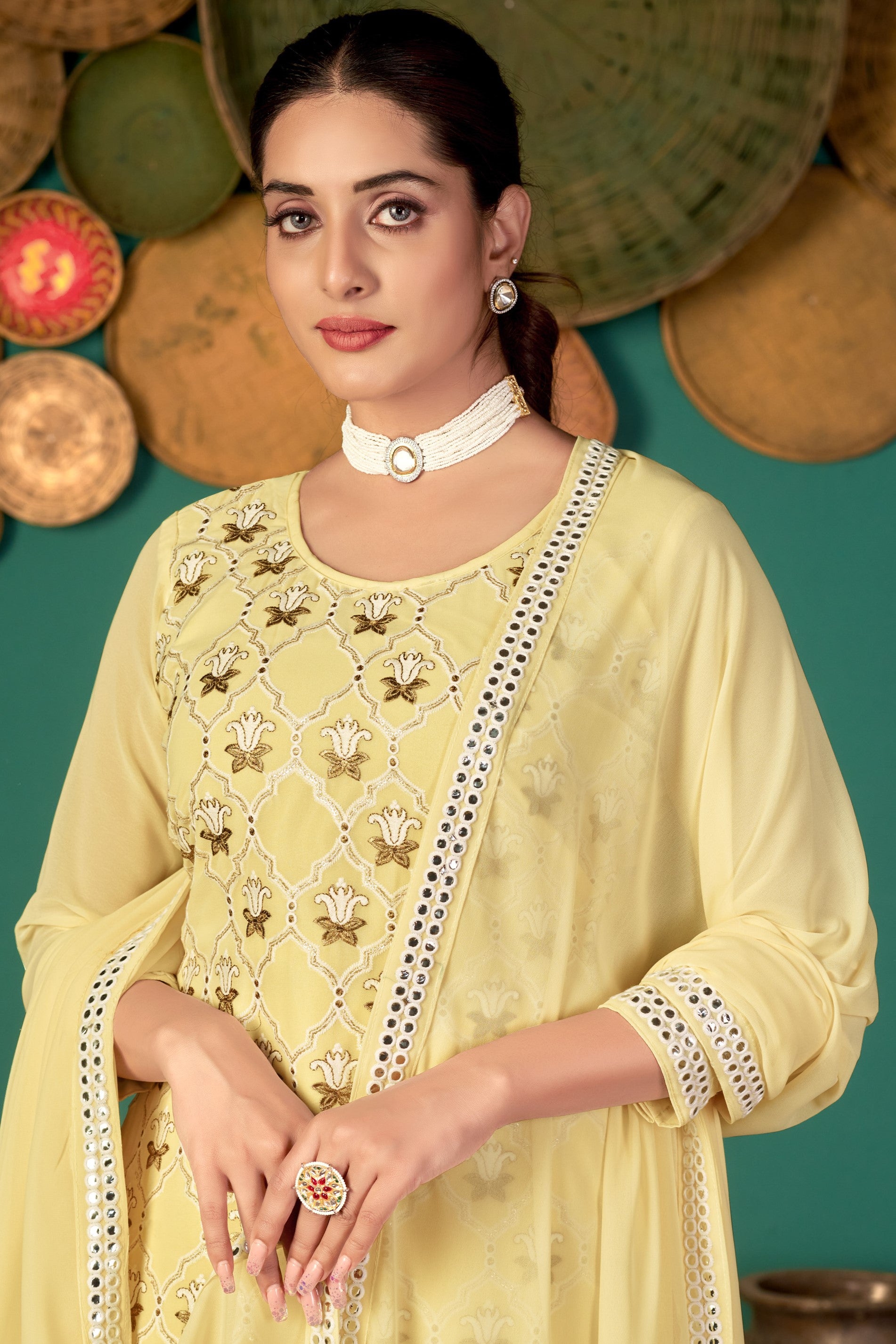 Light Yellow Georgette Kameez with Pant For Ladies Indian Festivals & Weddings - Embroidery Work