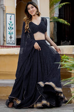 Black Georgette Leriya Print Lehenga Choli For Indian & Pakistani Wedding Festival - Print Work, Zari Work