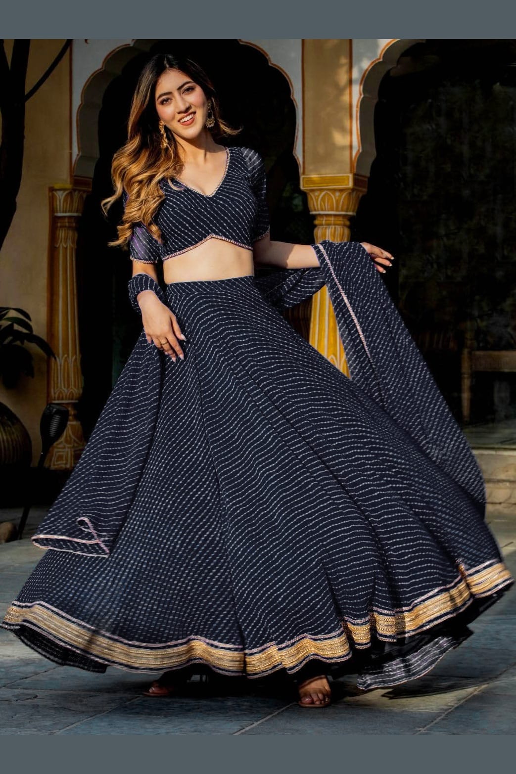 Black Georgette Leriya Print Lehenga Choli For Indian & Pakistani Wedding Festival - Print Work, Zari Work