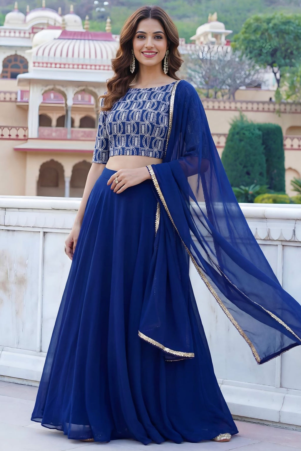 Blue Georgette Long Sleeve Lehenga with Sequins and Zari Work