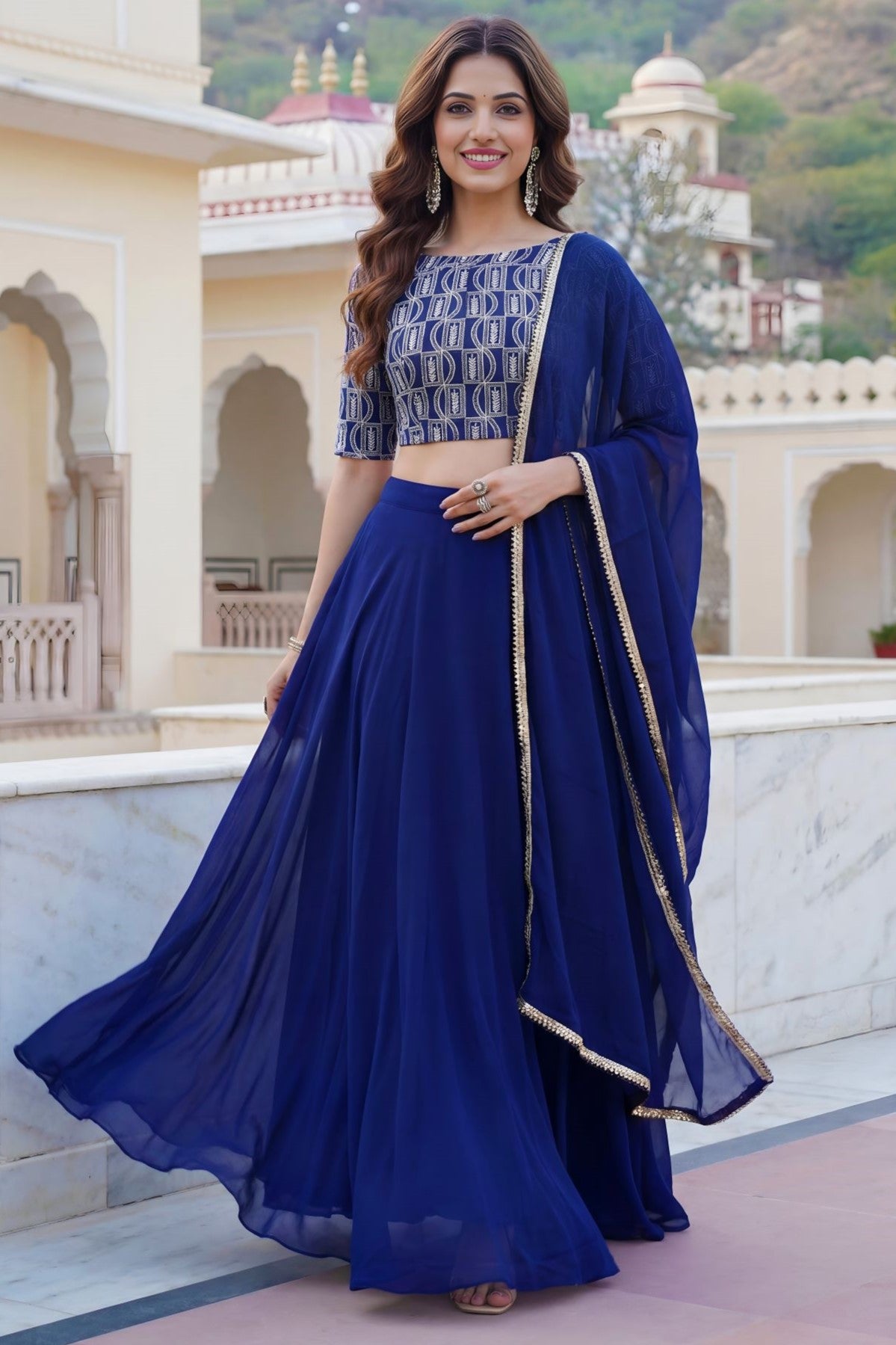Blue Georgette Long Sleeve Lehenga with Sequins and Zari Work