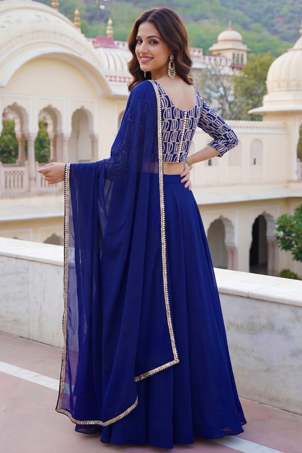 Blue Georgette Long Sleeve Lehenga with Sequins and Zari Work