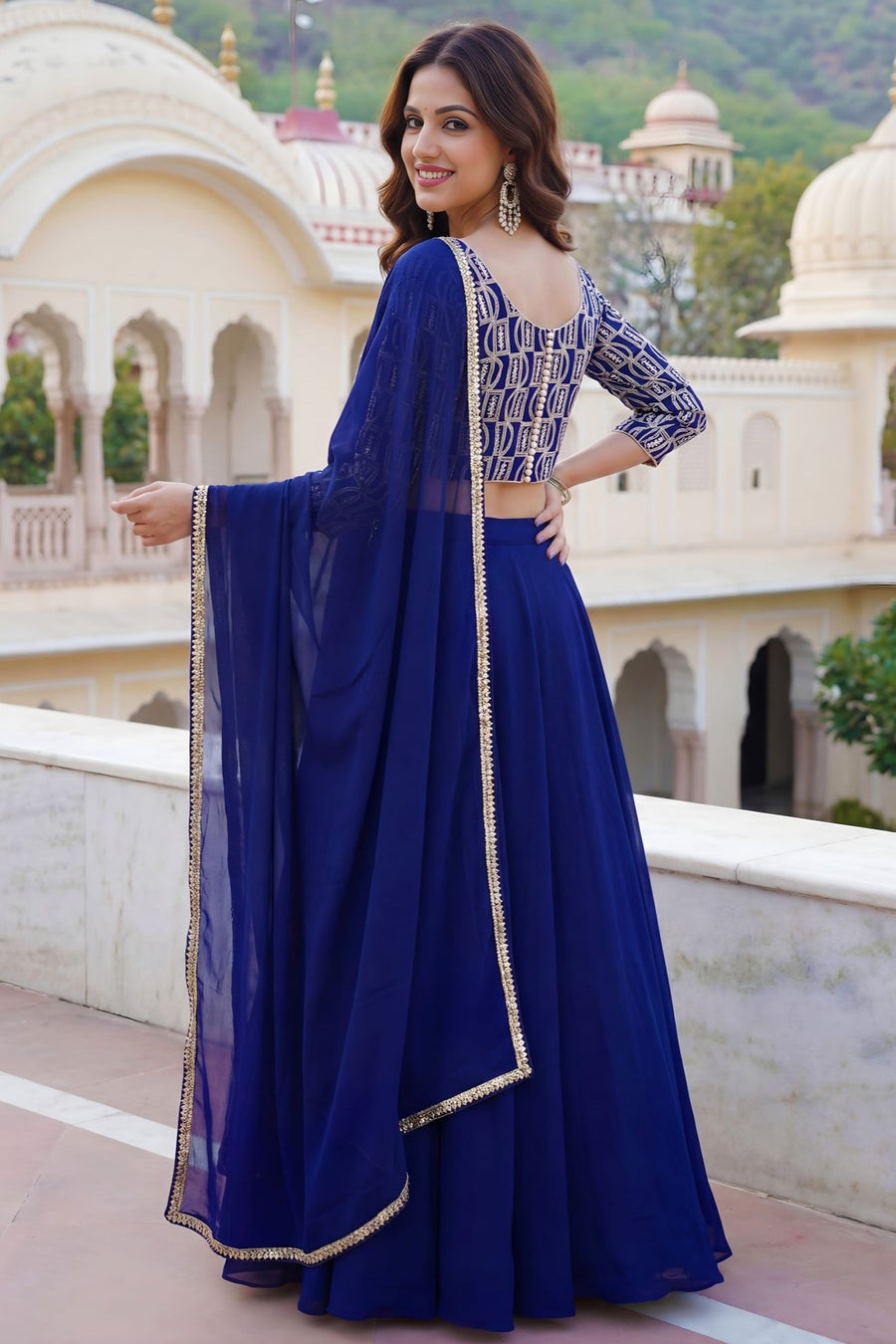 Blue Georgette Long Sleeve Lehenga with Sequins and Zari Work