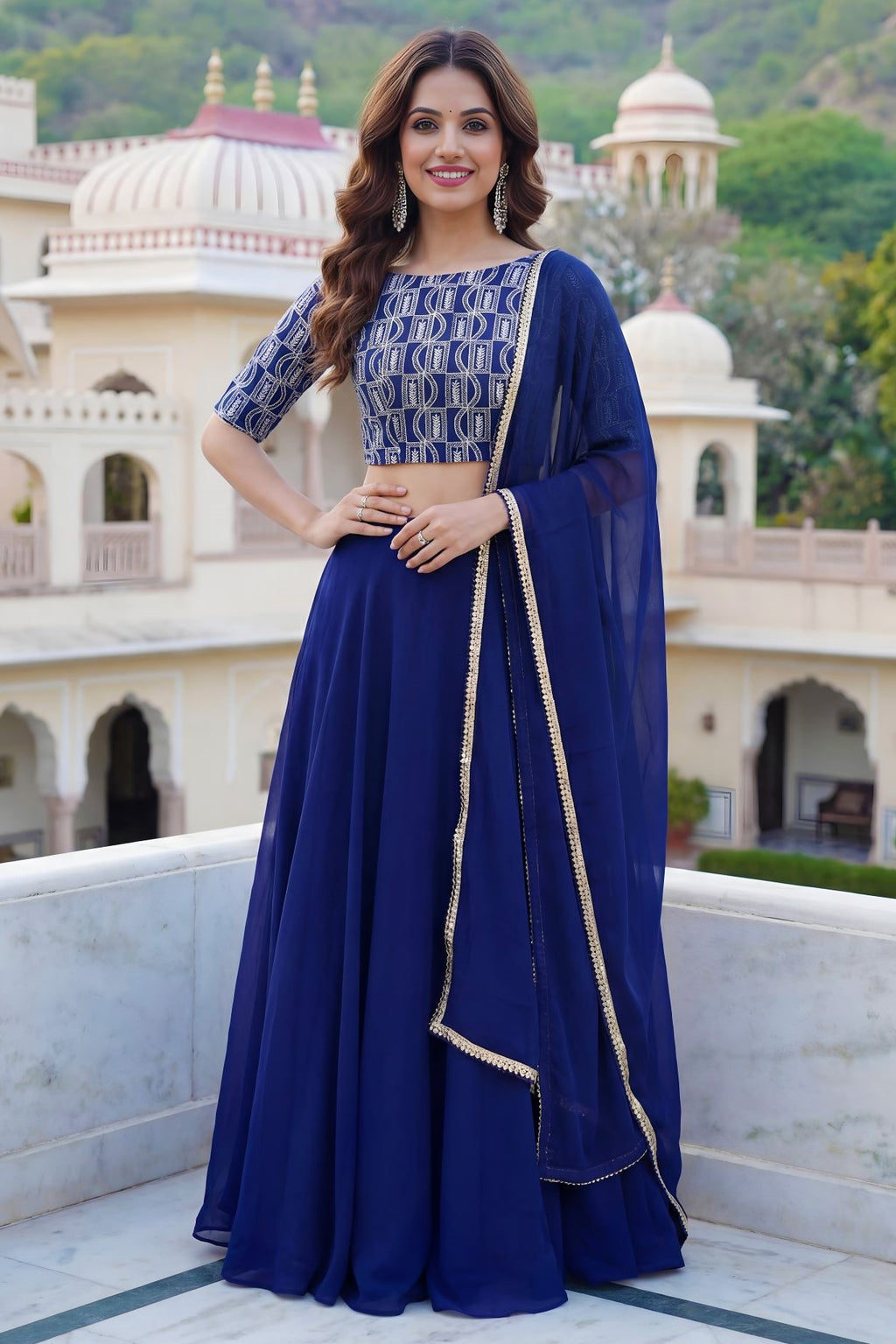 Blue Georgette Long Sleeve Lehenga with Sequins and Zari Work