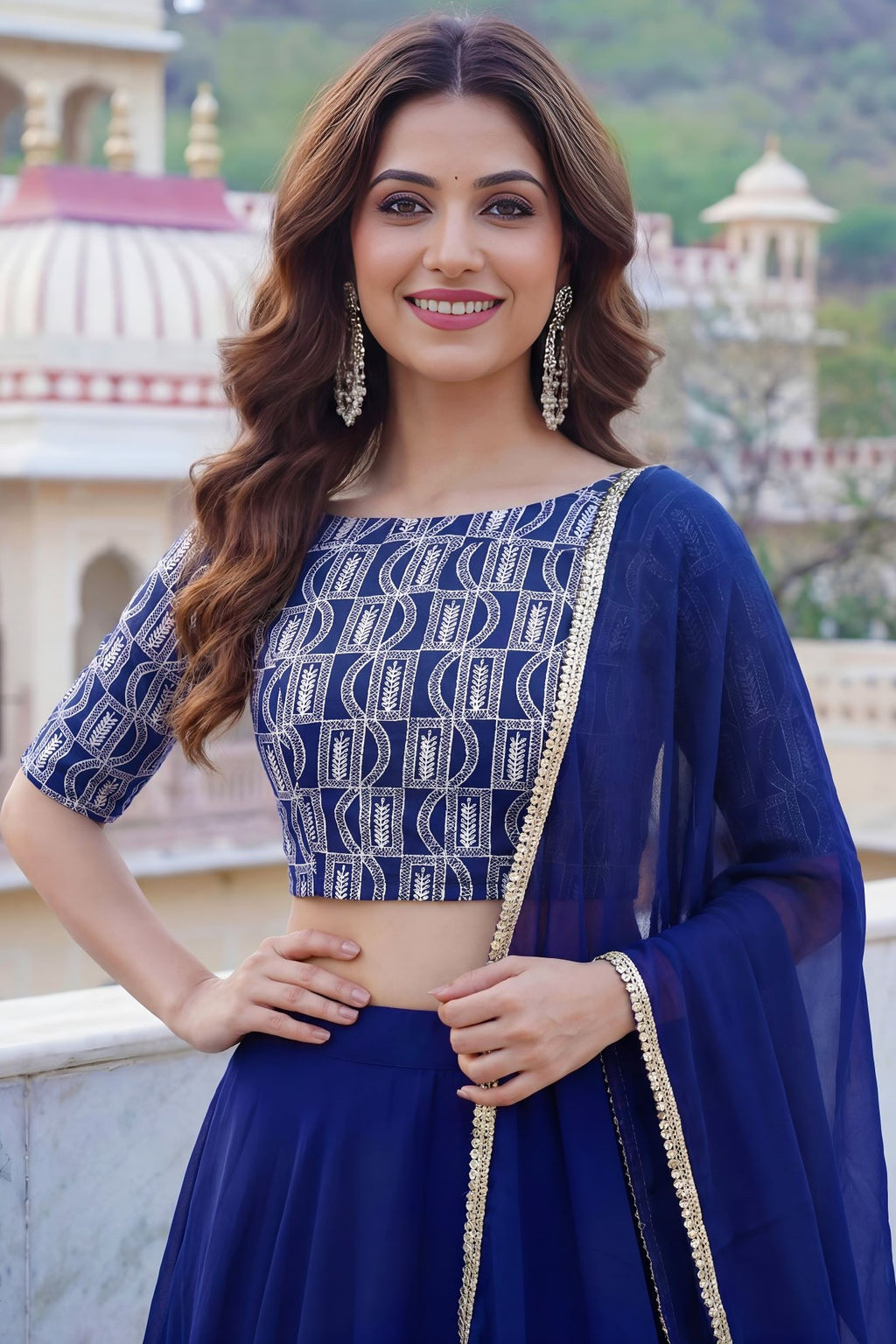 Blue Georgette Long Sleeve Lehenga with Sequins and Zari Work