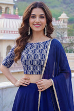 Blue Georgette Long Sleeve Lehenga with Sequins and Zari Work