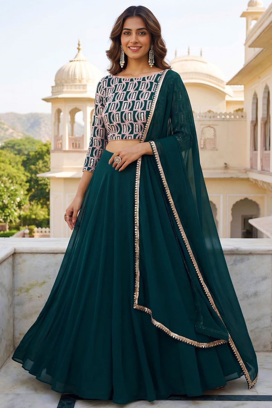 Green Georgette Long Sleeve Lehenga Choli with Sequins and Zari Work