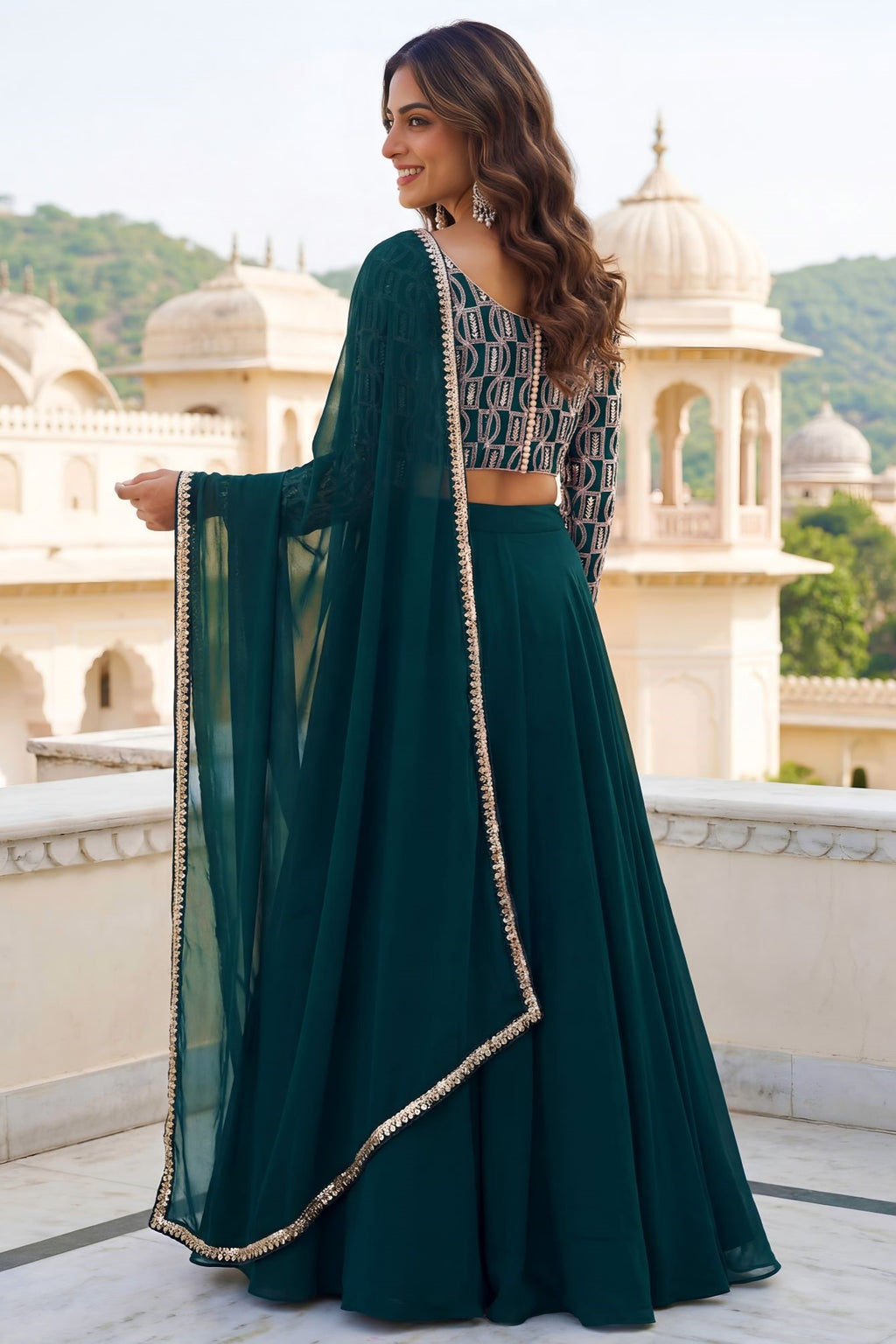 Green Georgette Long Sleeve Lehenga Choli with Sequins and Zari Work