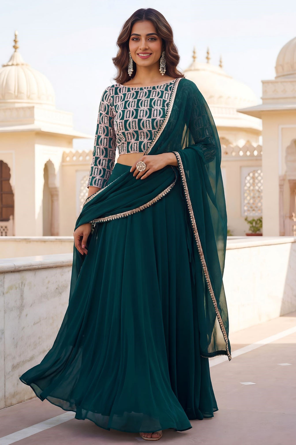 Green Georgette Long Sleeve Lehenga Choli with Sequins and Zari Work