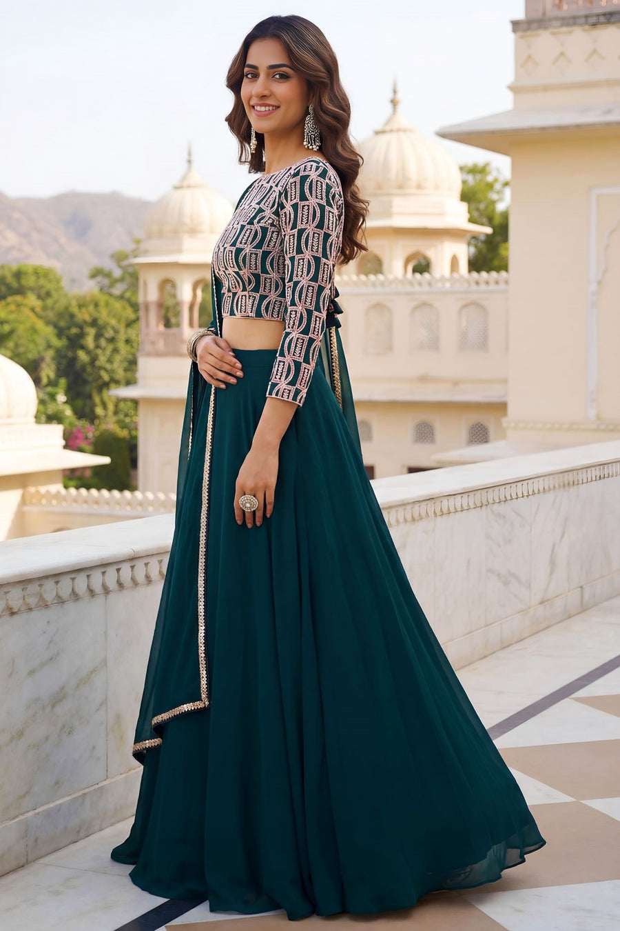 Green Georgette Long Sleeve Lehenga Choli with Sequins and Zari Work