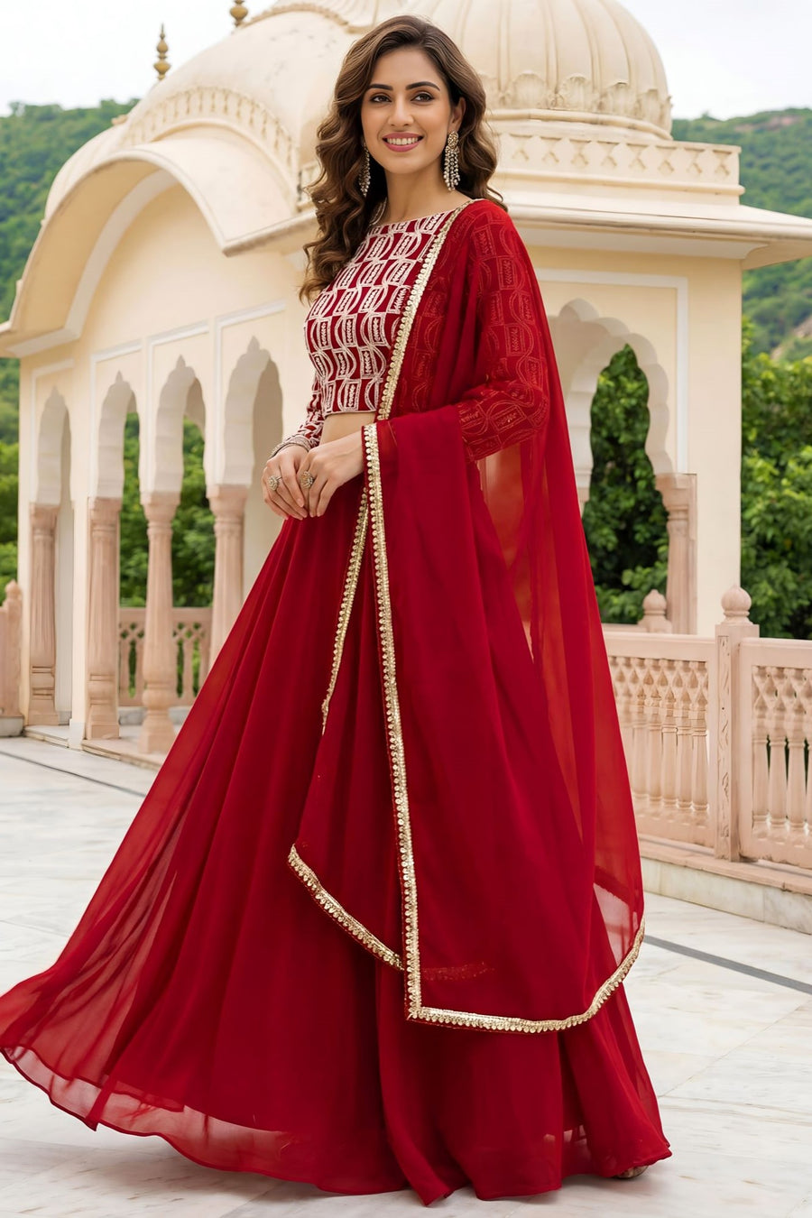 Red Georgette Long Sleeve Lehenga with Sequins and Zari Work