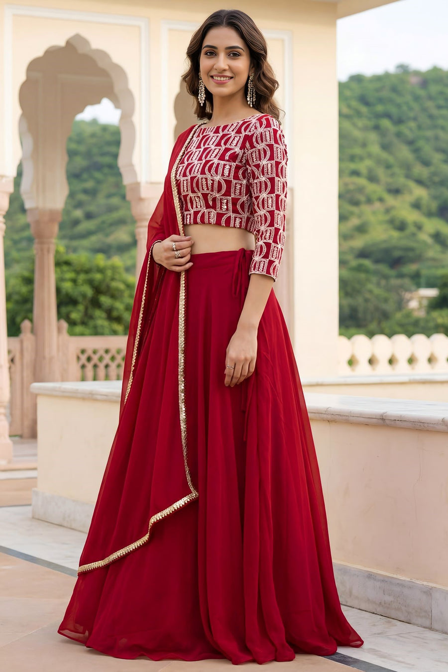 Red Georgette Long Sleeve Lehenga with Sequins and Zari Work