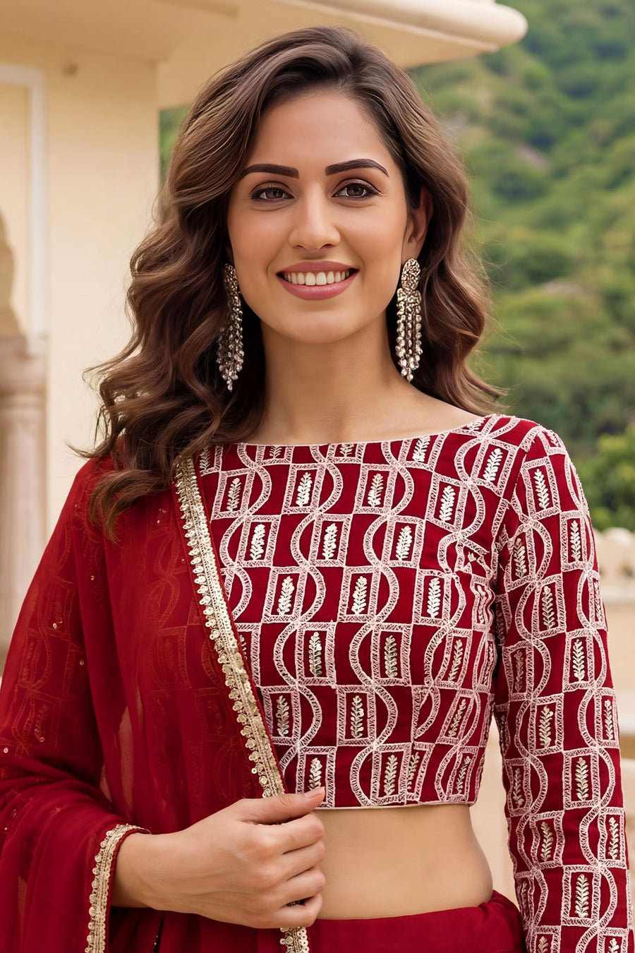 Red Georgette Long Sleeve Lehenga with Sequins and Zari Work