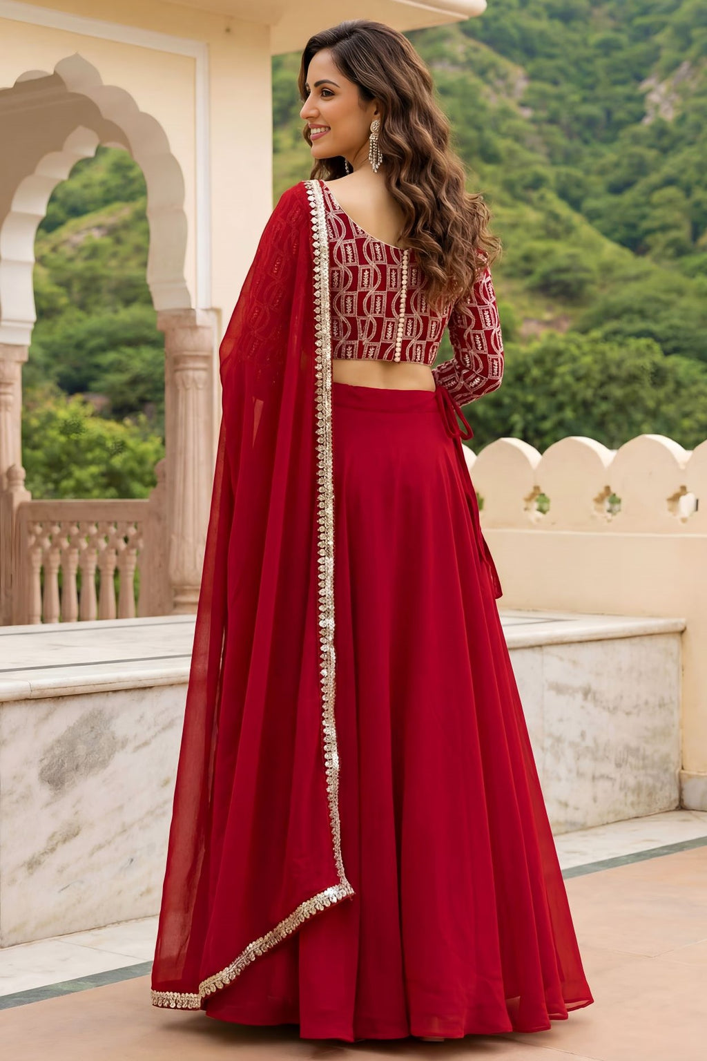 Red Georgette Long Sleeve Lehenga with Sequins and Zari Work