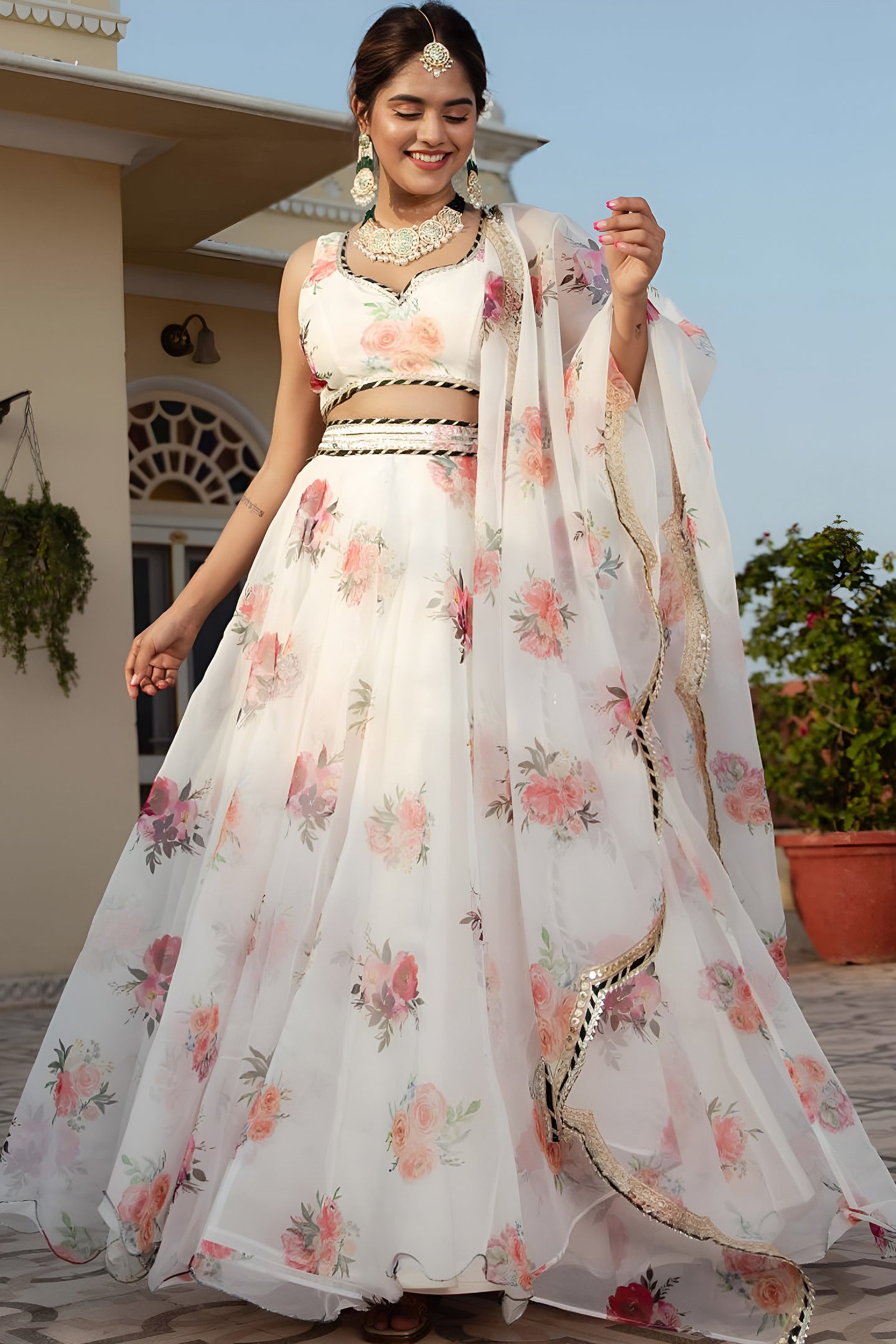 White Organza Silk Floral Print Lehenga Choli with Embroidery Work