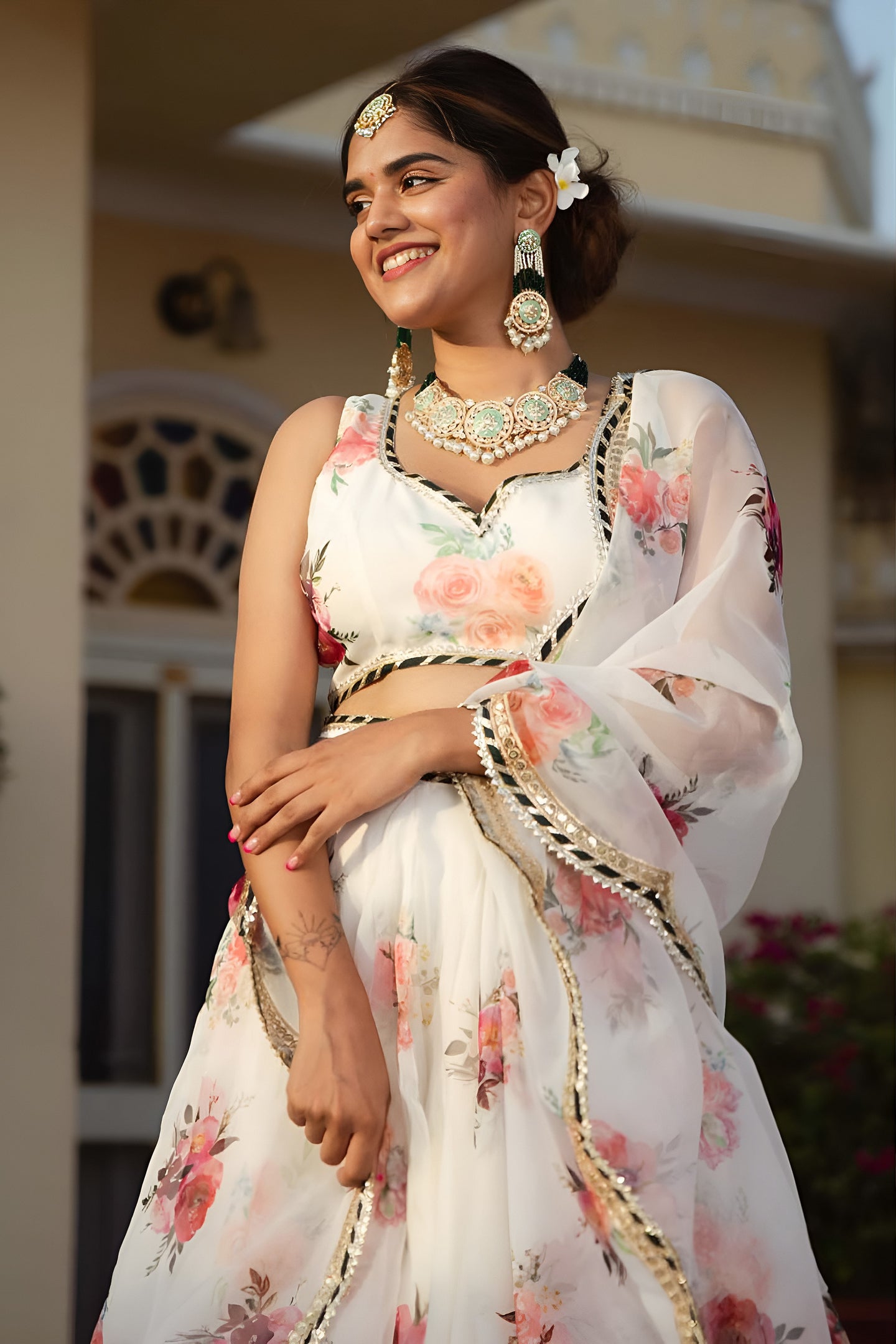 White Organza Silk Floral Print Lehenga Choli with Embroidery Work