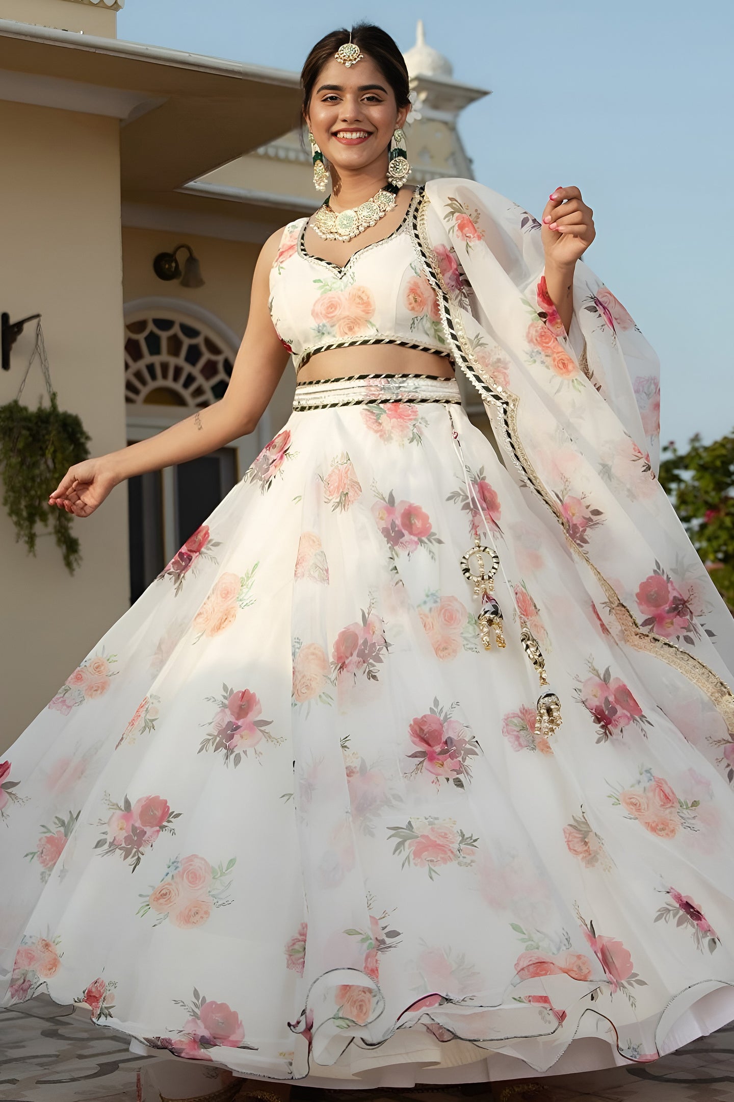 White Organza Silk Floral Print Lehenga Choli with Embroidery Work