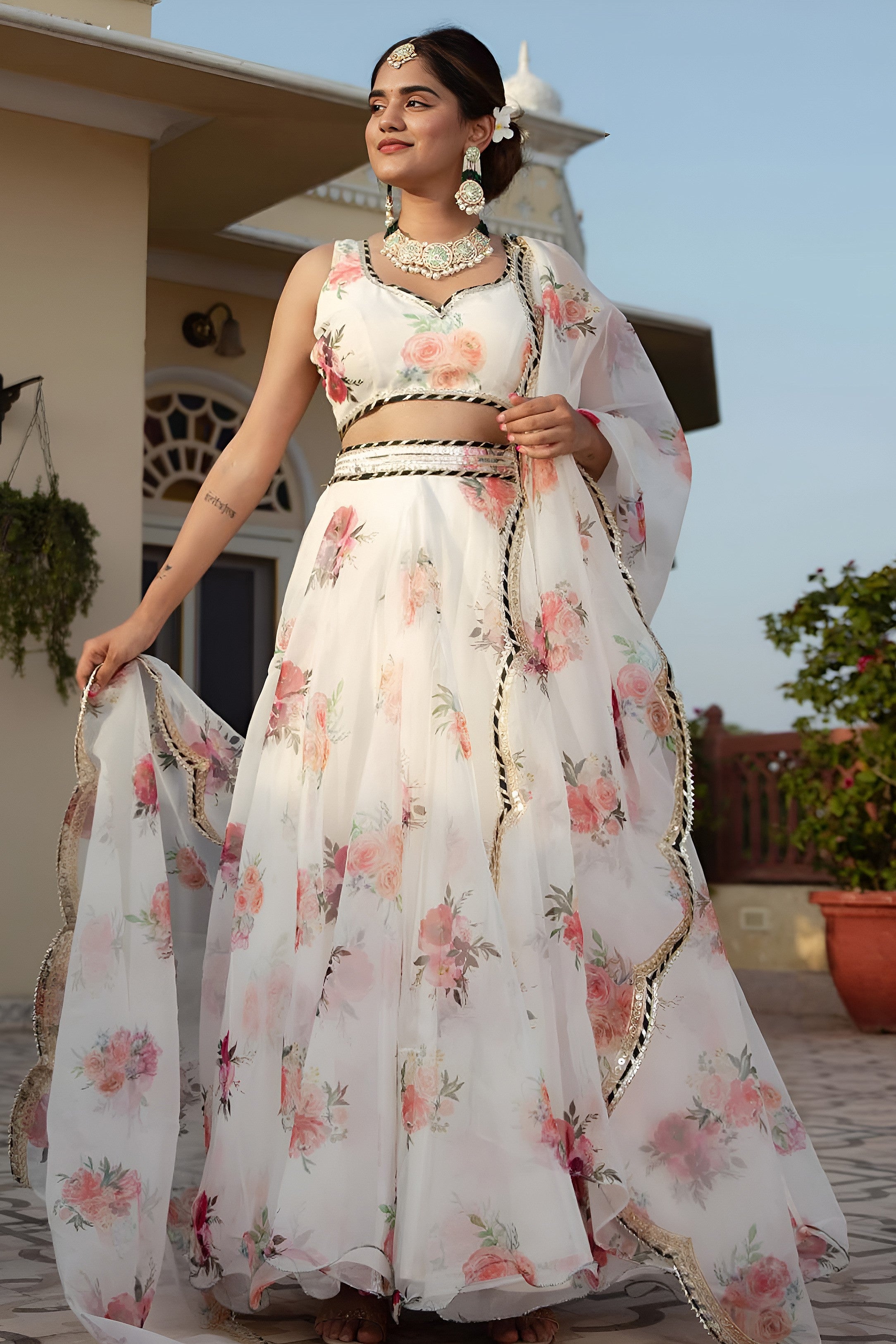 White Organza Silk Floral Print Lehenga Choli with Embroidery Work