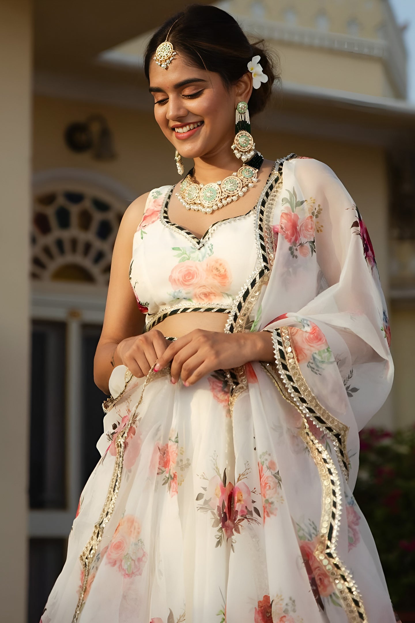 White Organza Silk Floral Print Lehenga Choli with Embroidery Work