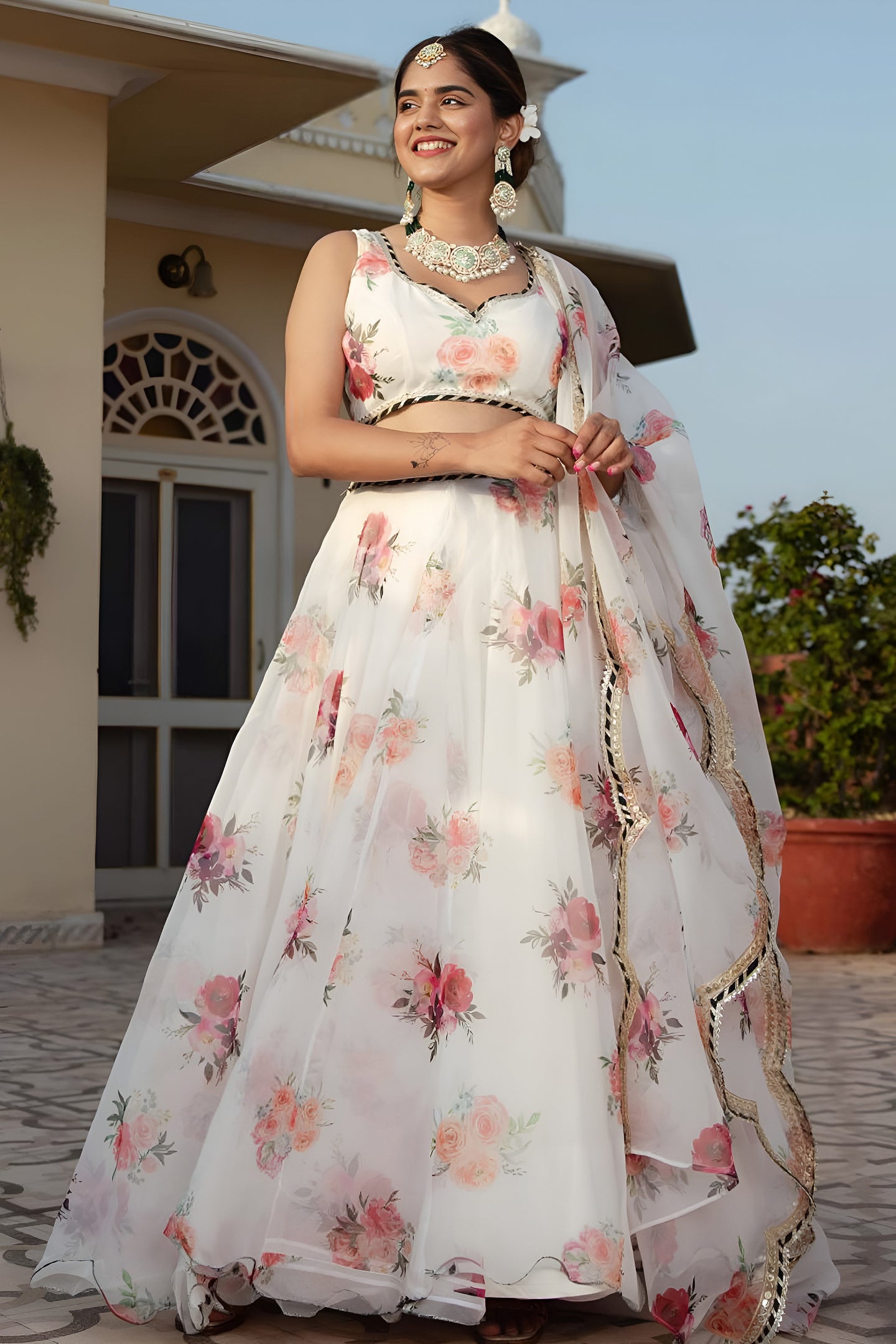 White Organza Silk Floral Print Lehenga Choli with Embroidery Work