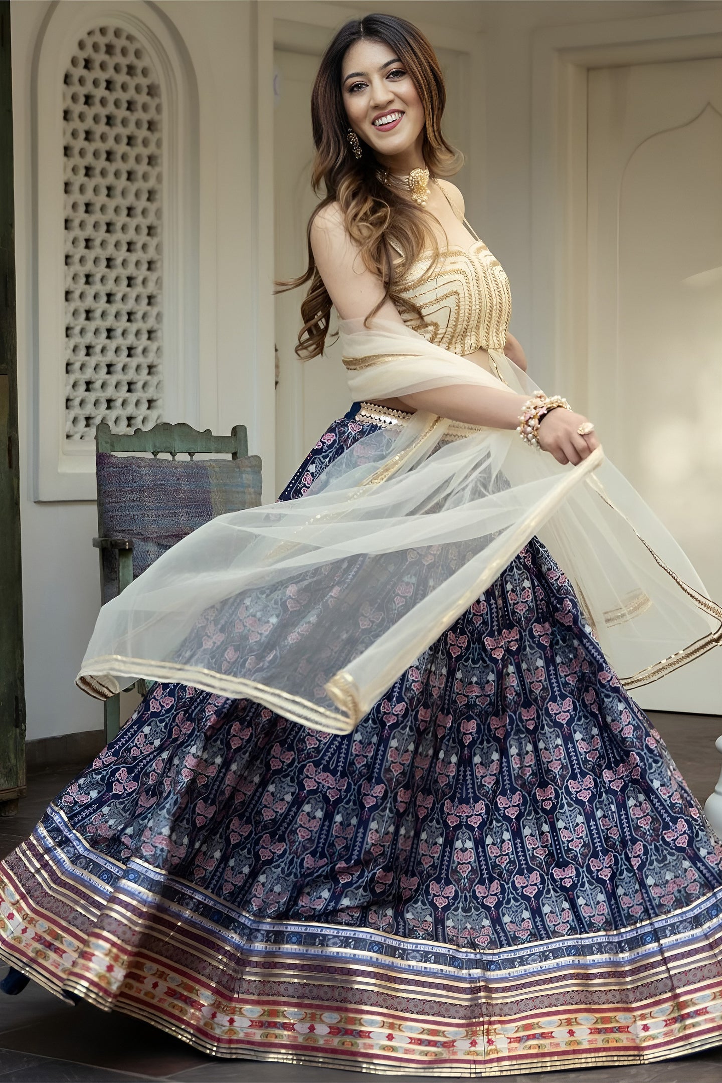 Navy Blue Organza Silk Ghagra Choli with Print and Gota Patti Work