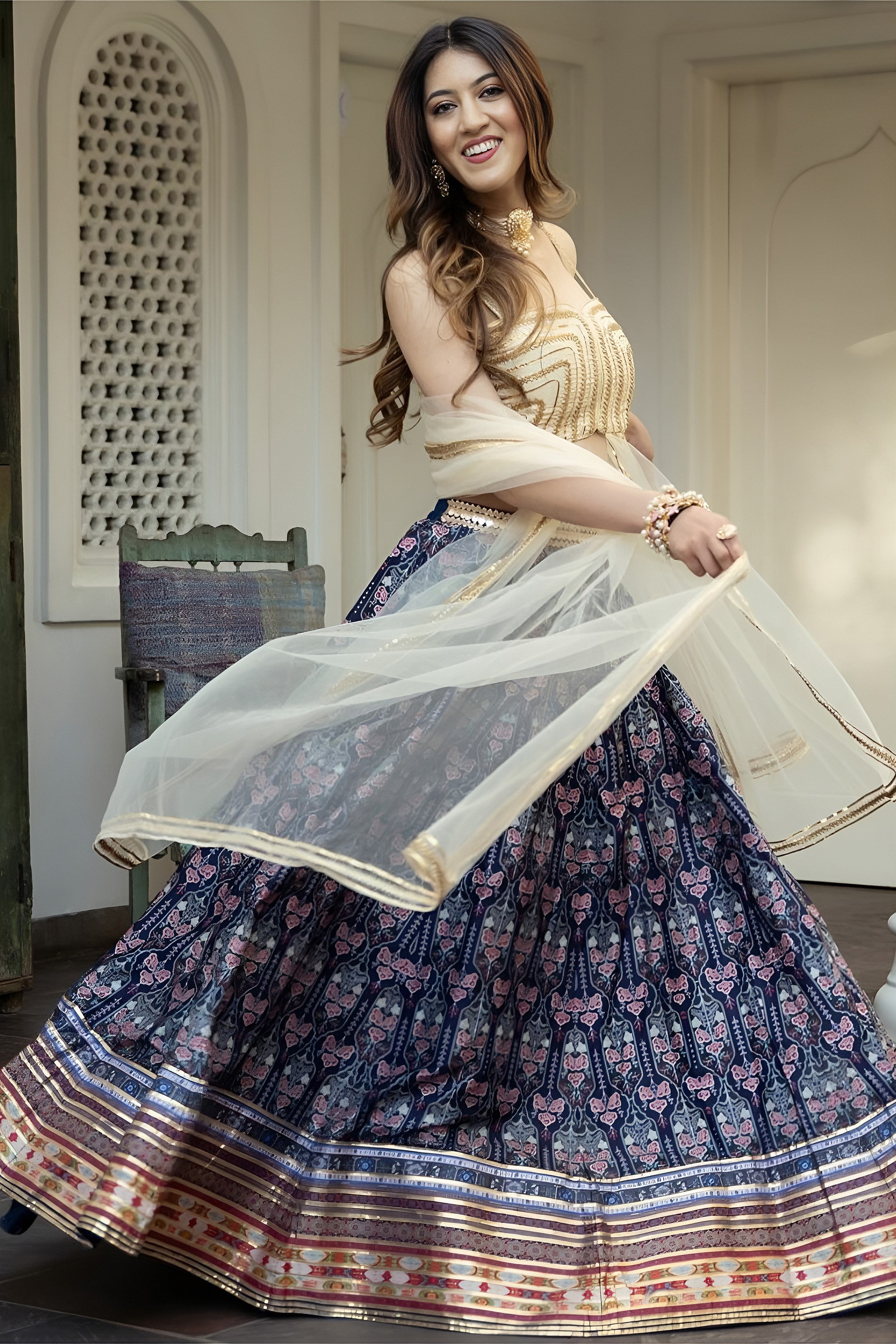 Navy Blue Organza Silk Ghagra Choli with Print and Gota Patti Work