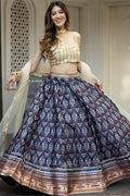 Navy Blue Organza Silk Ghagra Choli with Print and Gota Patti Work