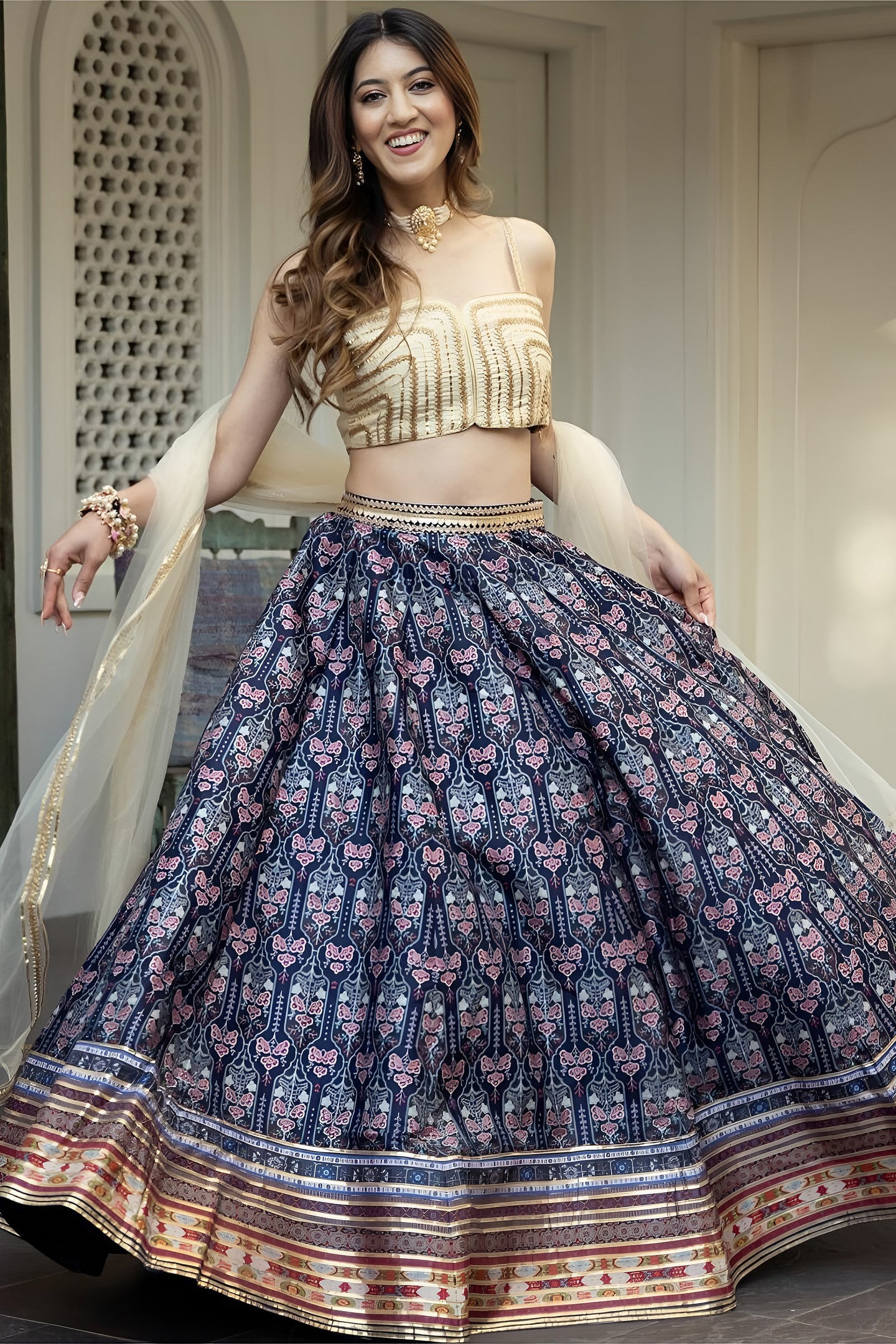 Navy Blue Organza Silk Ghagra Choli with Print and Gota Patti Work