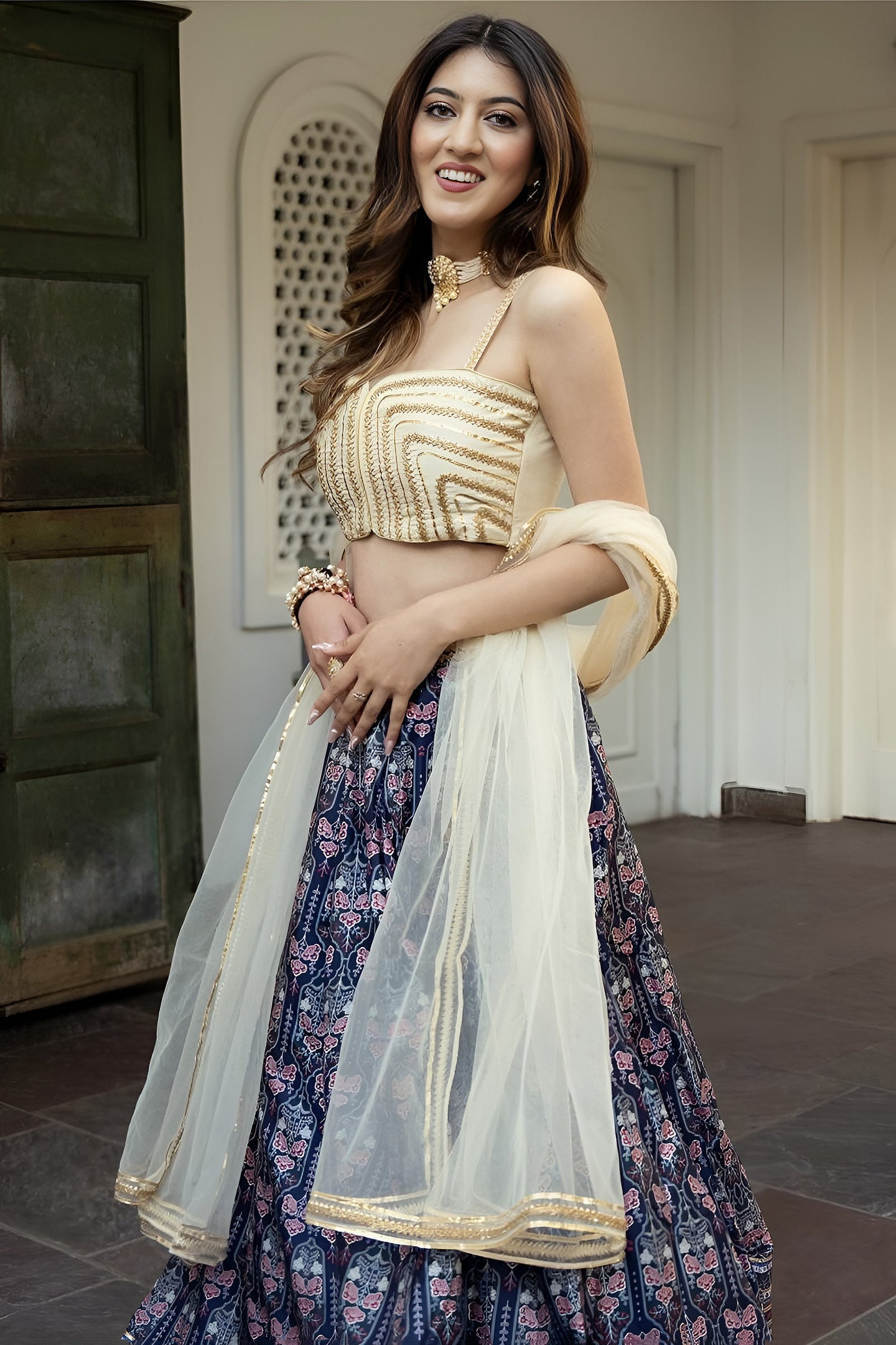 Navy Blue Organza Silk Ghagra Choli with Print and Gota Patti Work