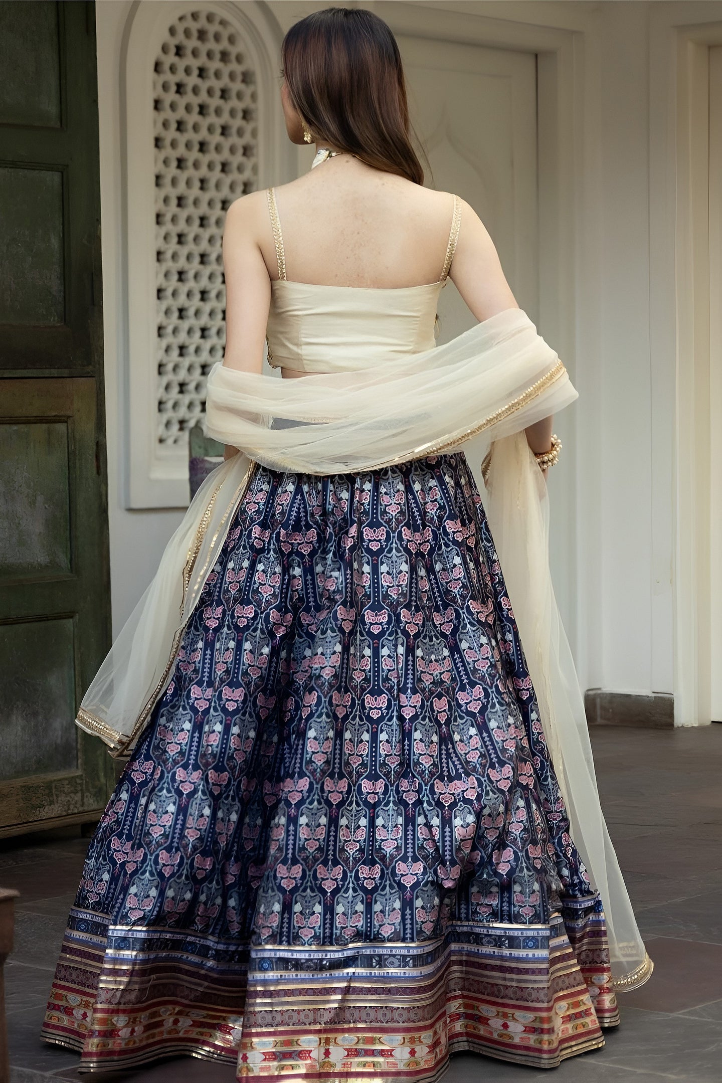 Navy Blue Organza Silk Ghagra Choli with Print and Gota Patti Work