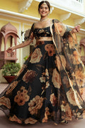 Black Organza Silk Floral Wedding Lehenga with Print & Gota Patti Work