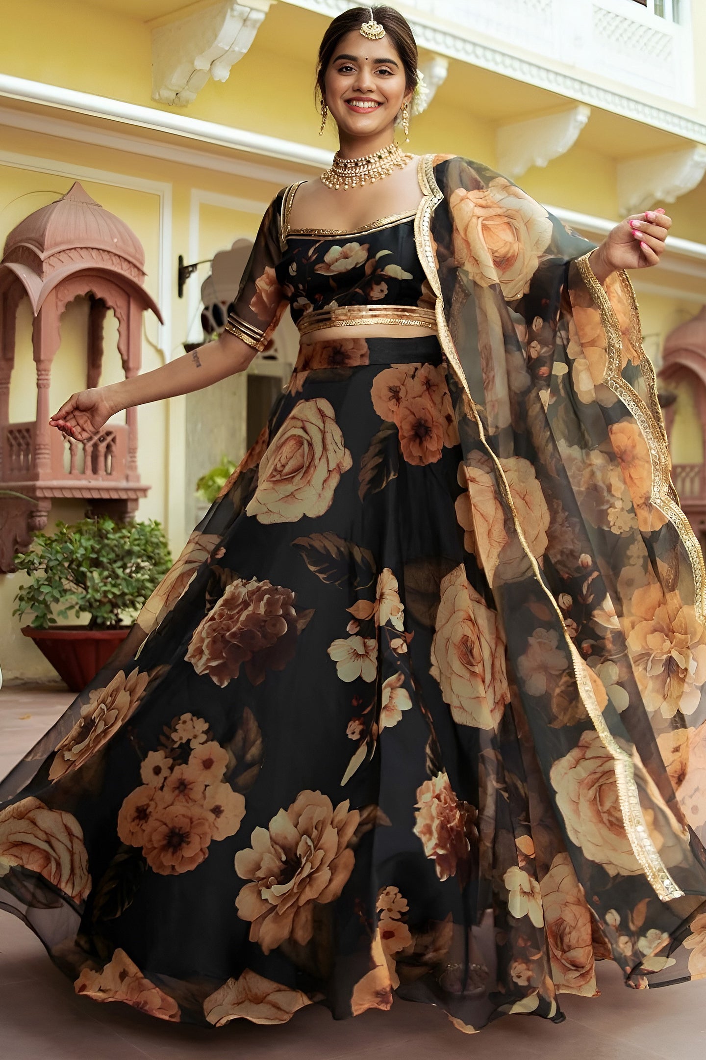 Black Organza Silk Floral Wedding Lehenga with Print & Gota Patti Work