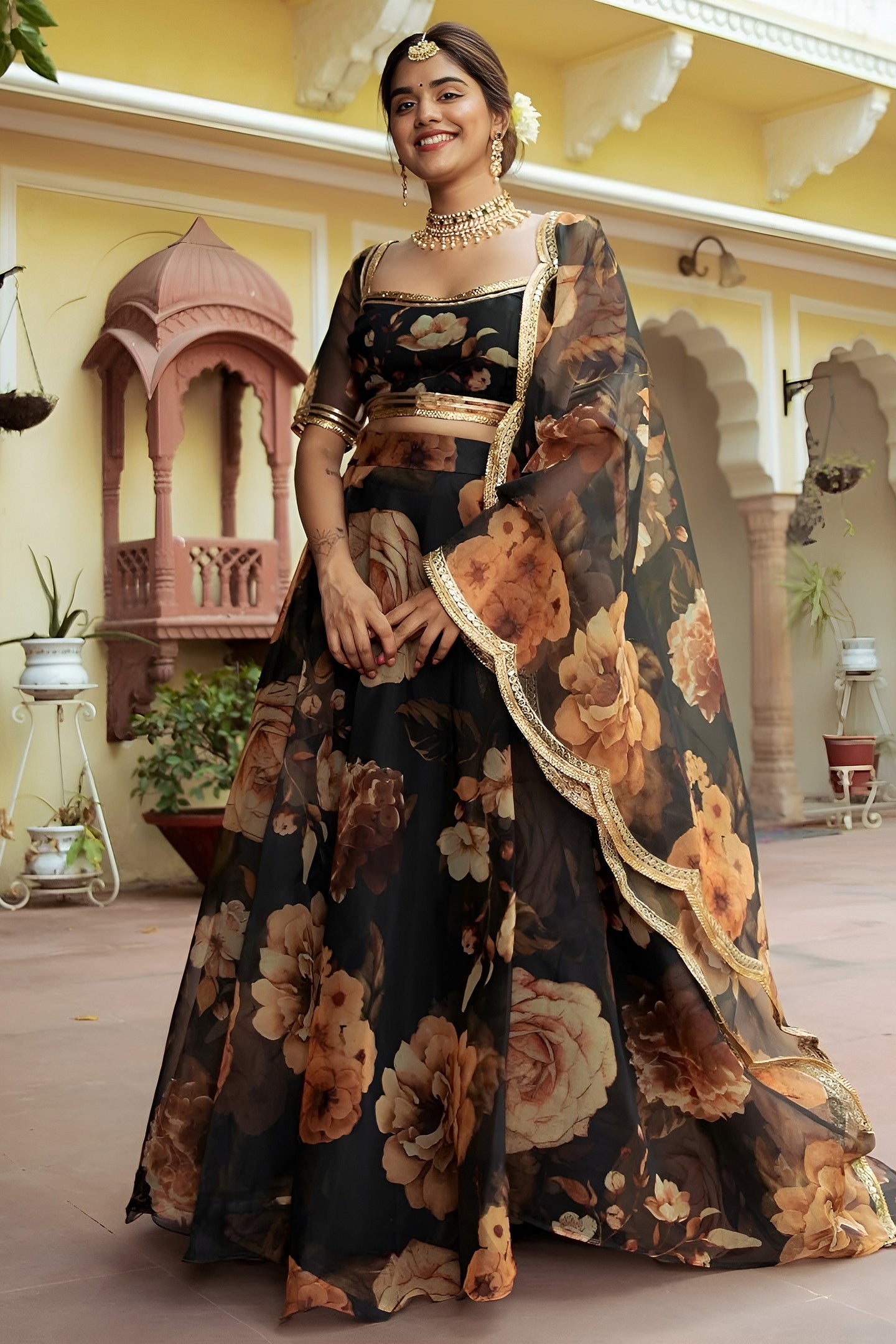 Black Organza Silk Floral Wedding Lehenga with Print & Gota Patti Work
