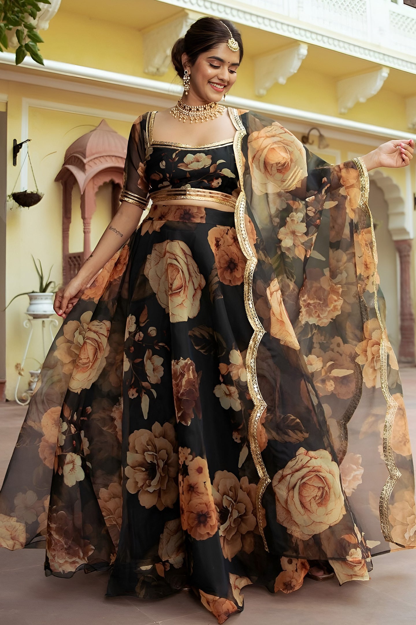 Black Organza Silk Floral Wedding Lehenga with Print & Gota Patti Work