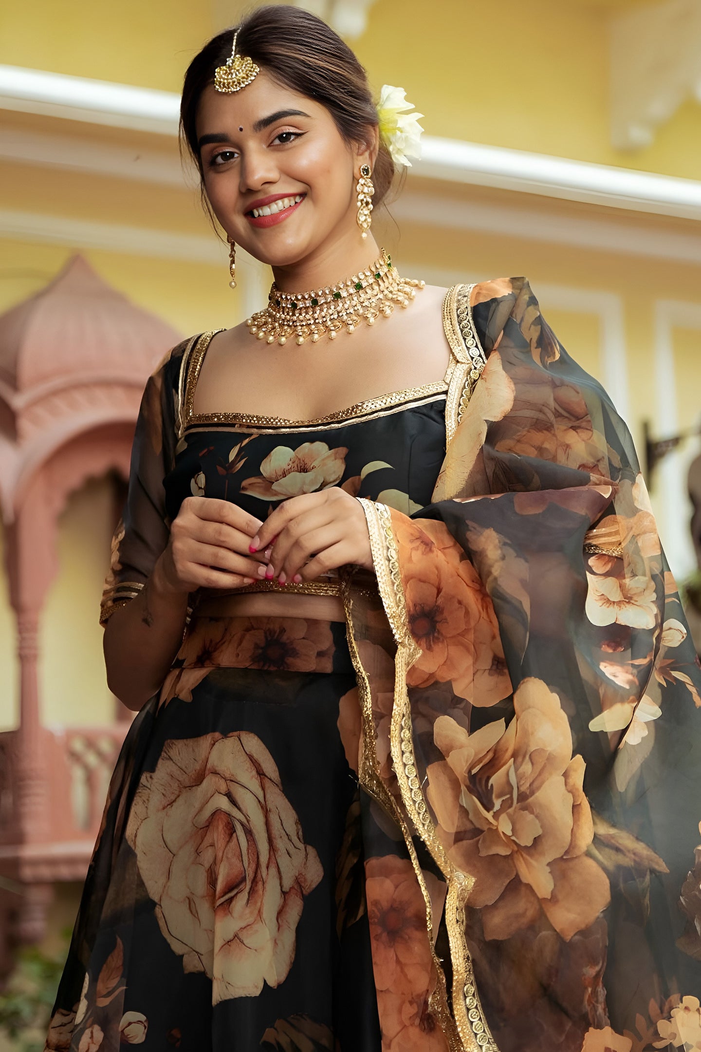 Black Organza Silk Floral Wedding Lehenga with Print & Gota Patti Work